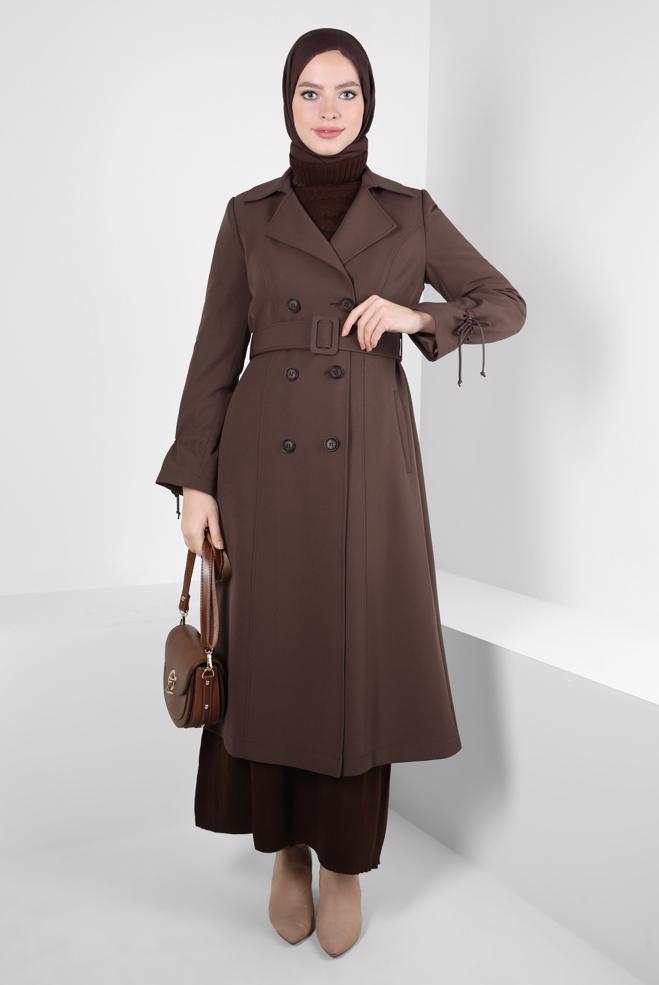 Hijab clothing BROWN BELTED TRENCH COAT 10834 - ALVİNA