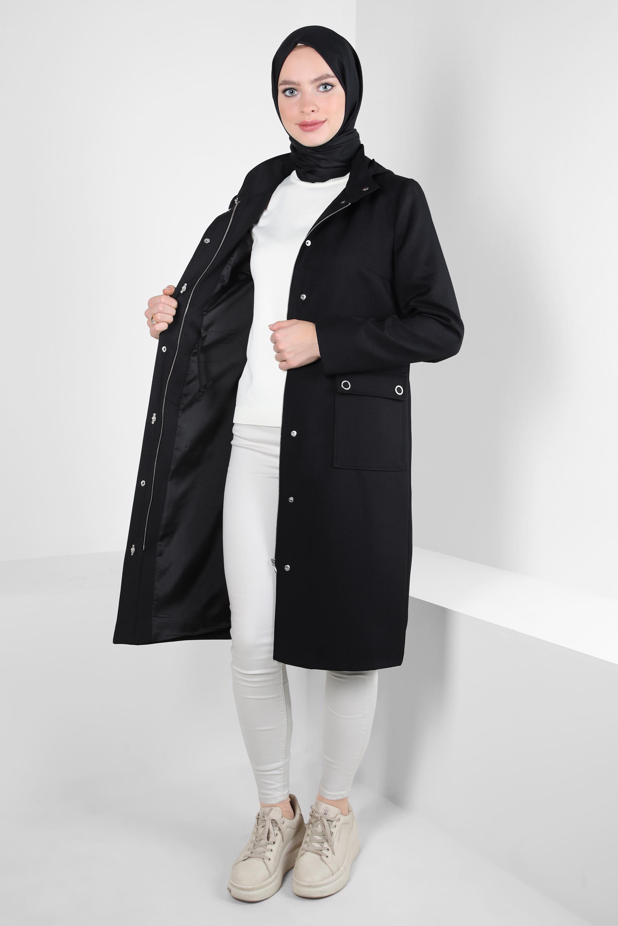 Tesettür giyim SİYAH KAPÜŞONLU TRENÇKOT 10837