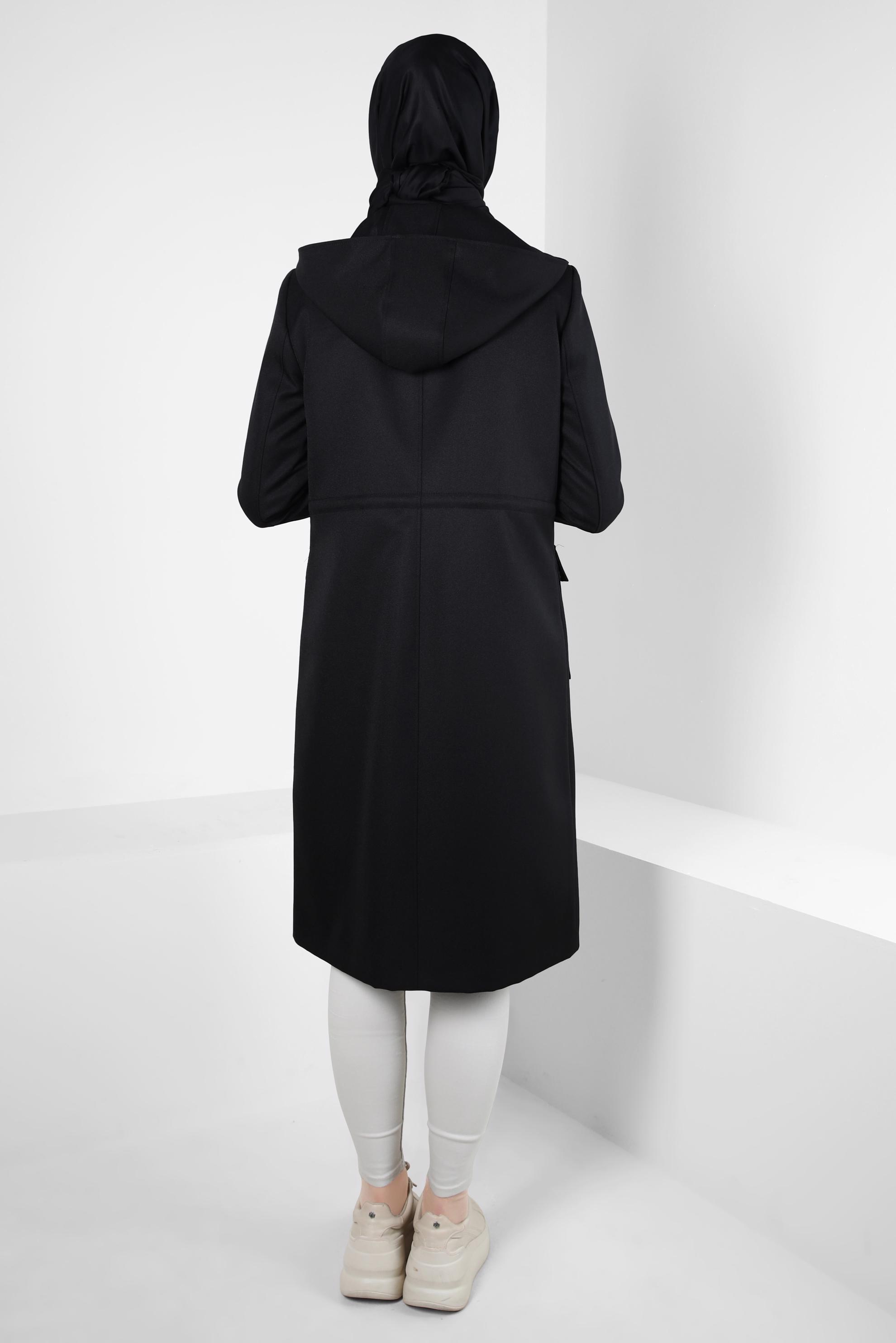 Tesettür giyim SİYAH KAPÜŞONLU TRENÇKOT 10837