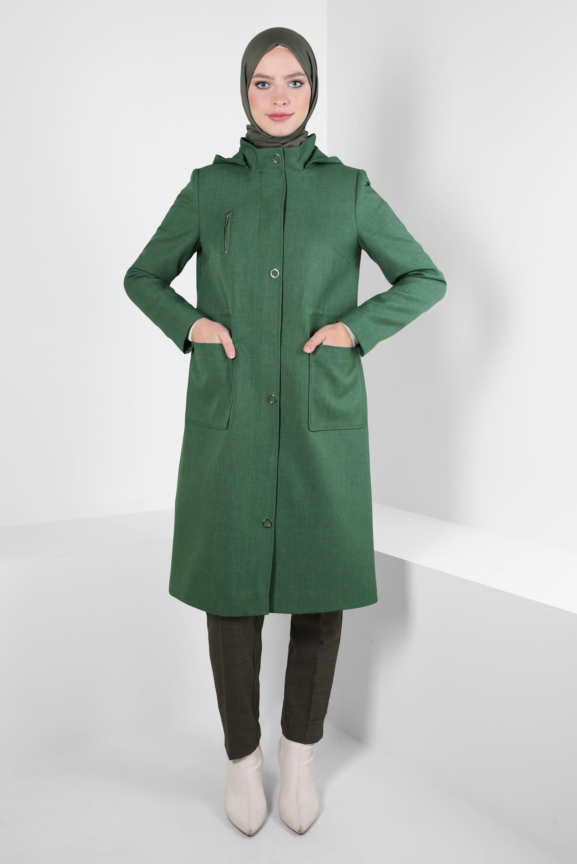Tesettür giyim HAKİ KAPÜŞONLU TRENÇKOT 10837