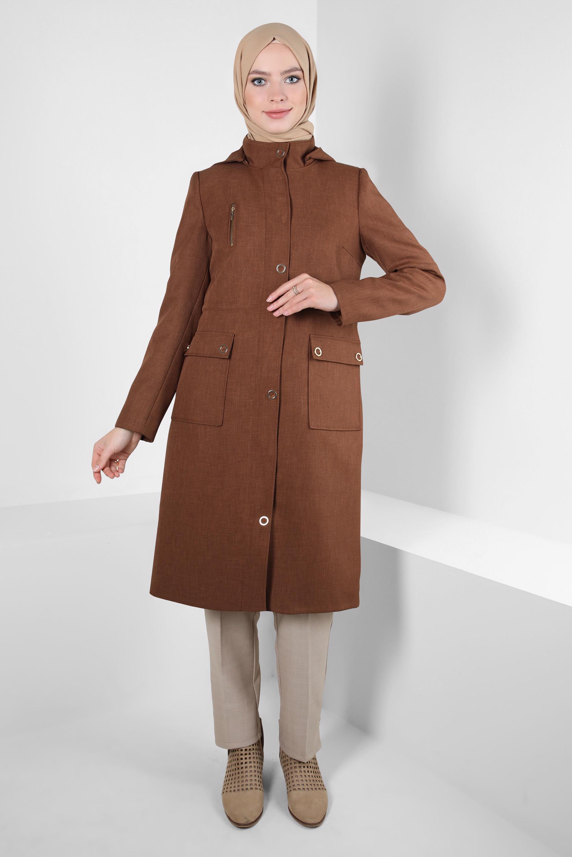 Tesettür giyim TABA KAPÜŞONLU TRENÇKOT 10837