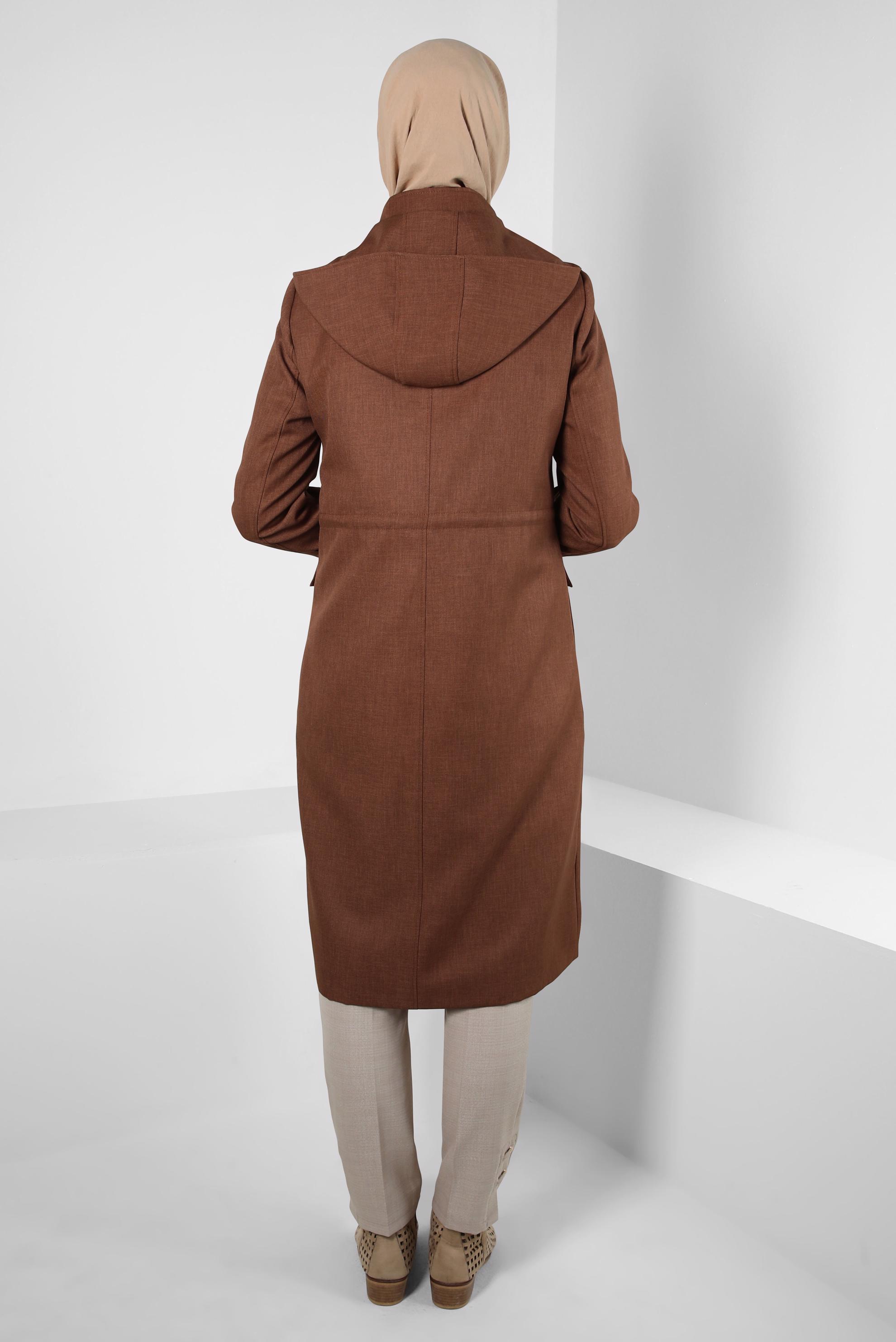 Tesettür giyim TABA KAPÜŞONLU TRENÇKOT 10837