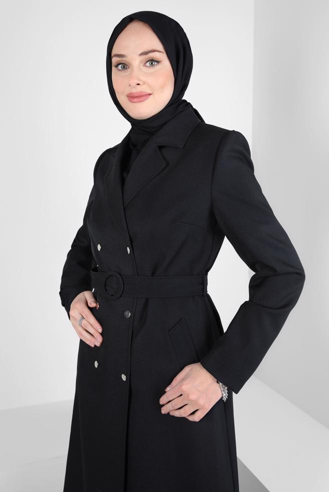 Hijab clothing BLACK BELTED TRENCH COAT 10838 - ALVİNA