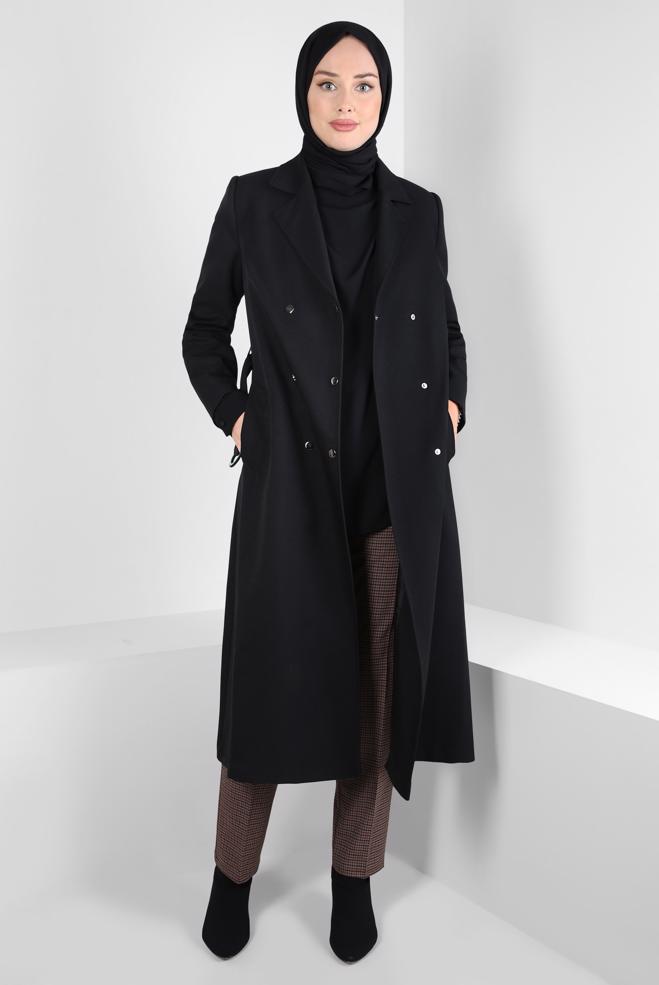 Hijab clothing BLACK BELTED TRENCH COAT 10838 - ALVİNA