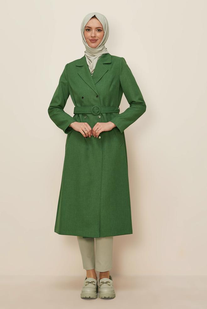 Tesettür giyim HAKİ KEMERLİ TRENÇKOT 10838 - ALVİNA