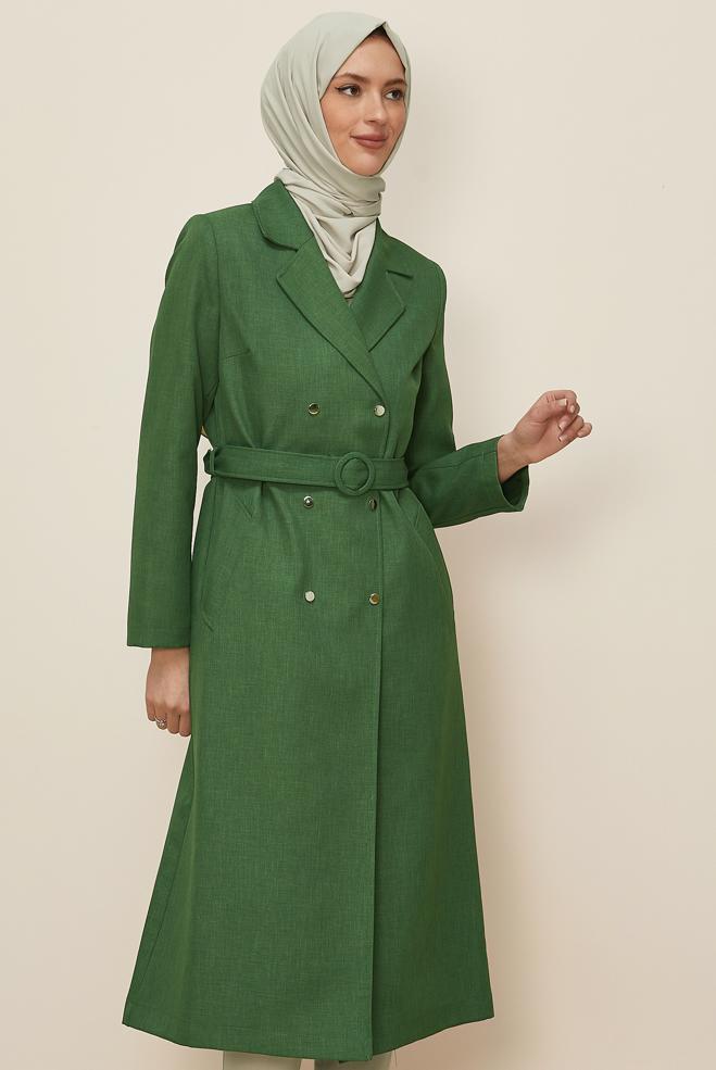 Tesettür giyim HAKİ KEMERLİ TRENÇKOT 10838 - ALVİNA