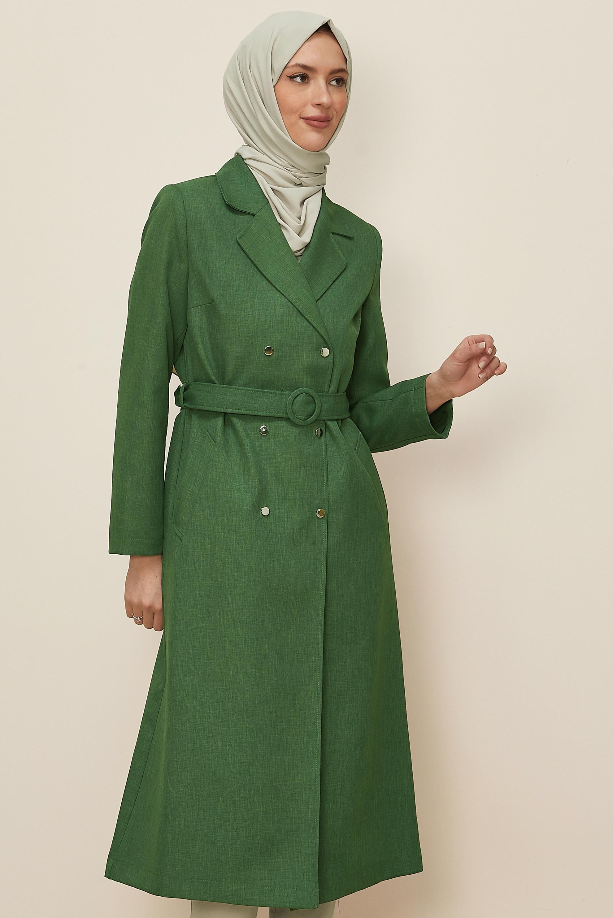 Tesettür giyim HAKİ KEMERLİ TRENÇKOT 10838