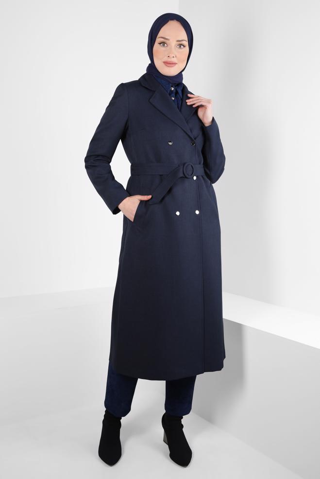 Hijab clothing NAVY BLUE BELTED TRENCH COAT 10838 - ALVİNA