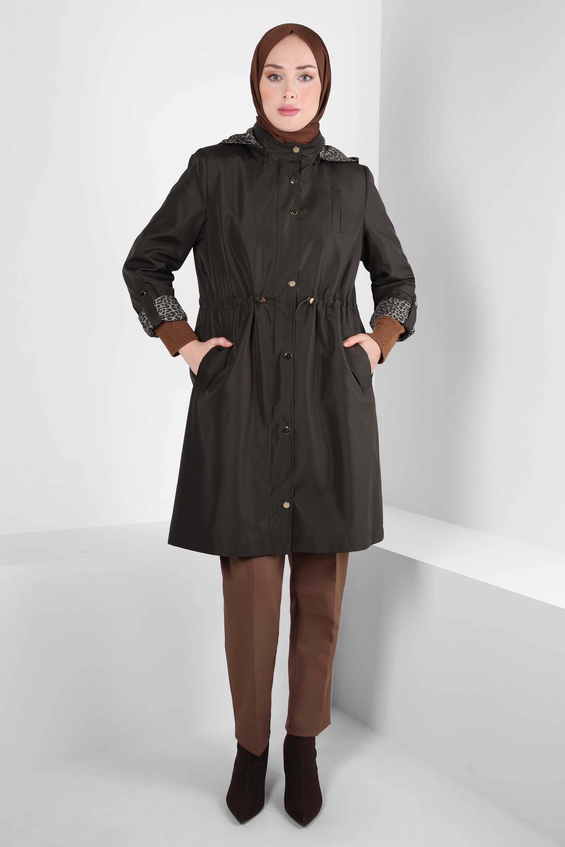Tesettür giyim KAHVE LEOPAR DESENLİ TRENÇKOT 10842