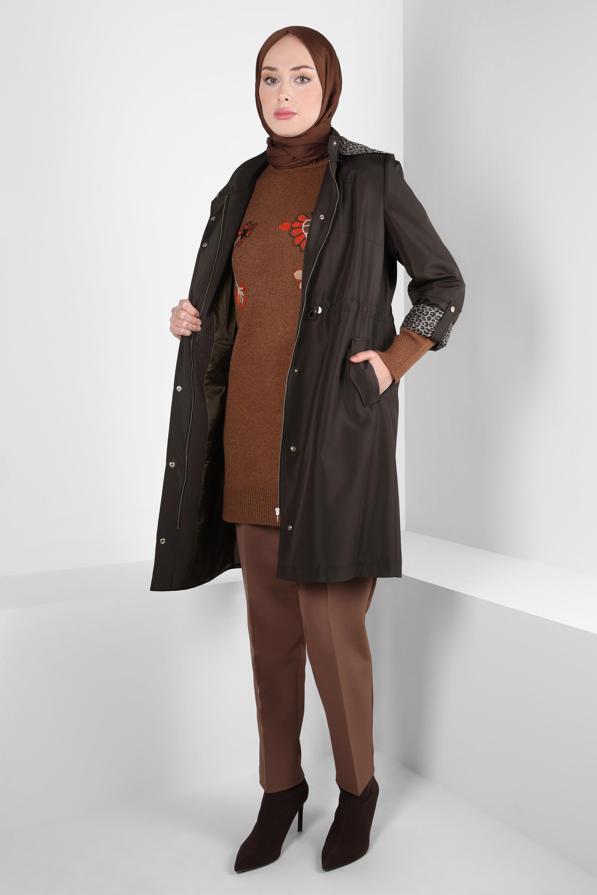 Tesettür giyim KAHVE LEOPAR DESENLİ TRENÇKOT 10842