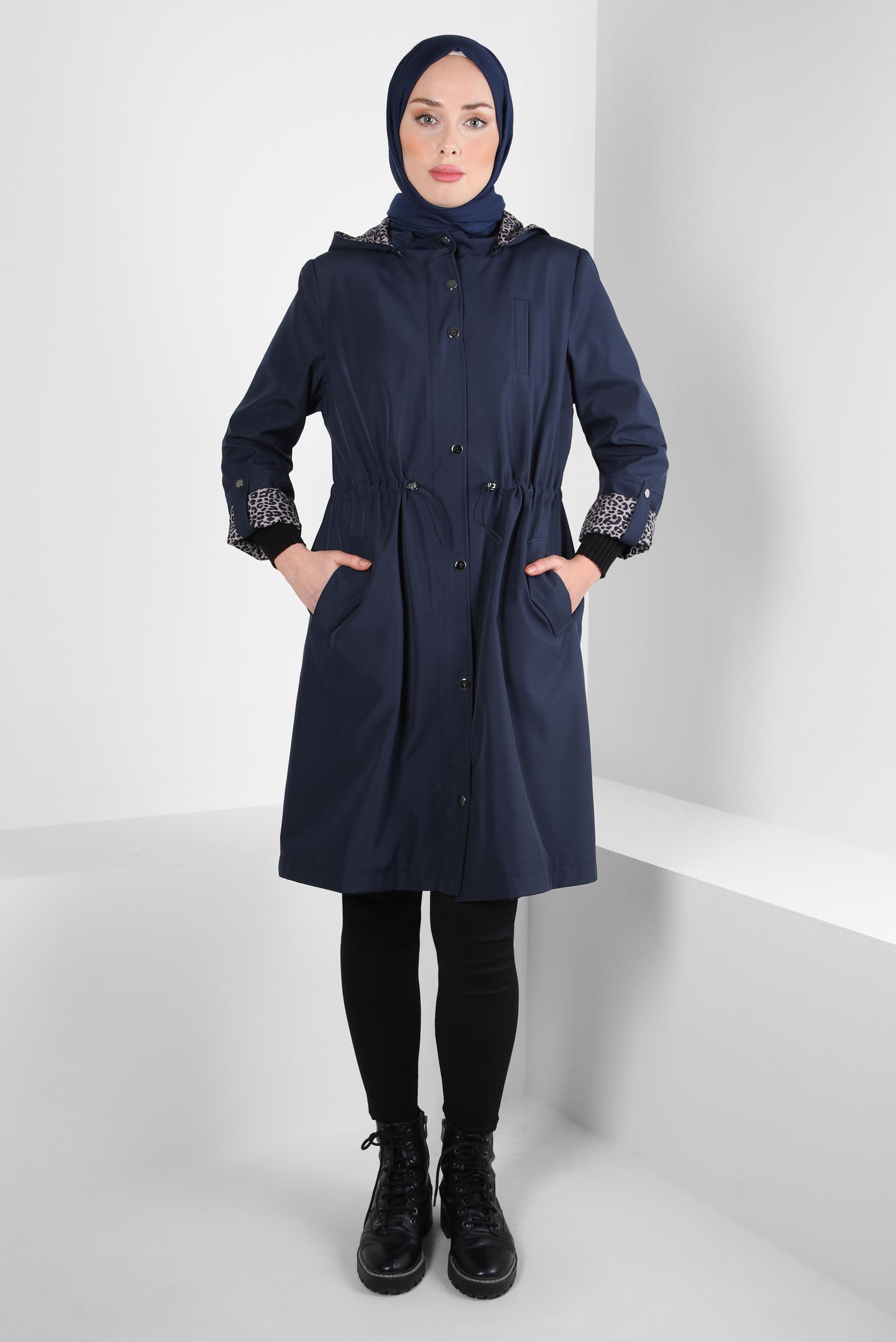Tesettür giyim LACİVERT LEOPAR DESENLİ TRENÇKOT 10842