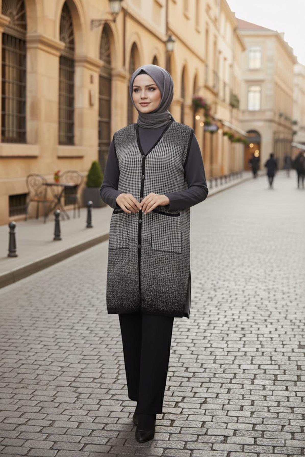 Tesettür giyim SİYAH DESENLİ TRİKO YELEK 20469