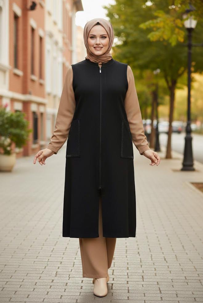 Tesettür giyim SİYAH TAŞ BASKILI TRİKO YELEK 20471 - ALVİNA