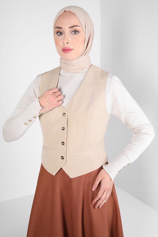 Vêtements hijab BEIGE GILET BOUTONNÉ 44175 - ALVİNA