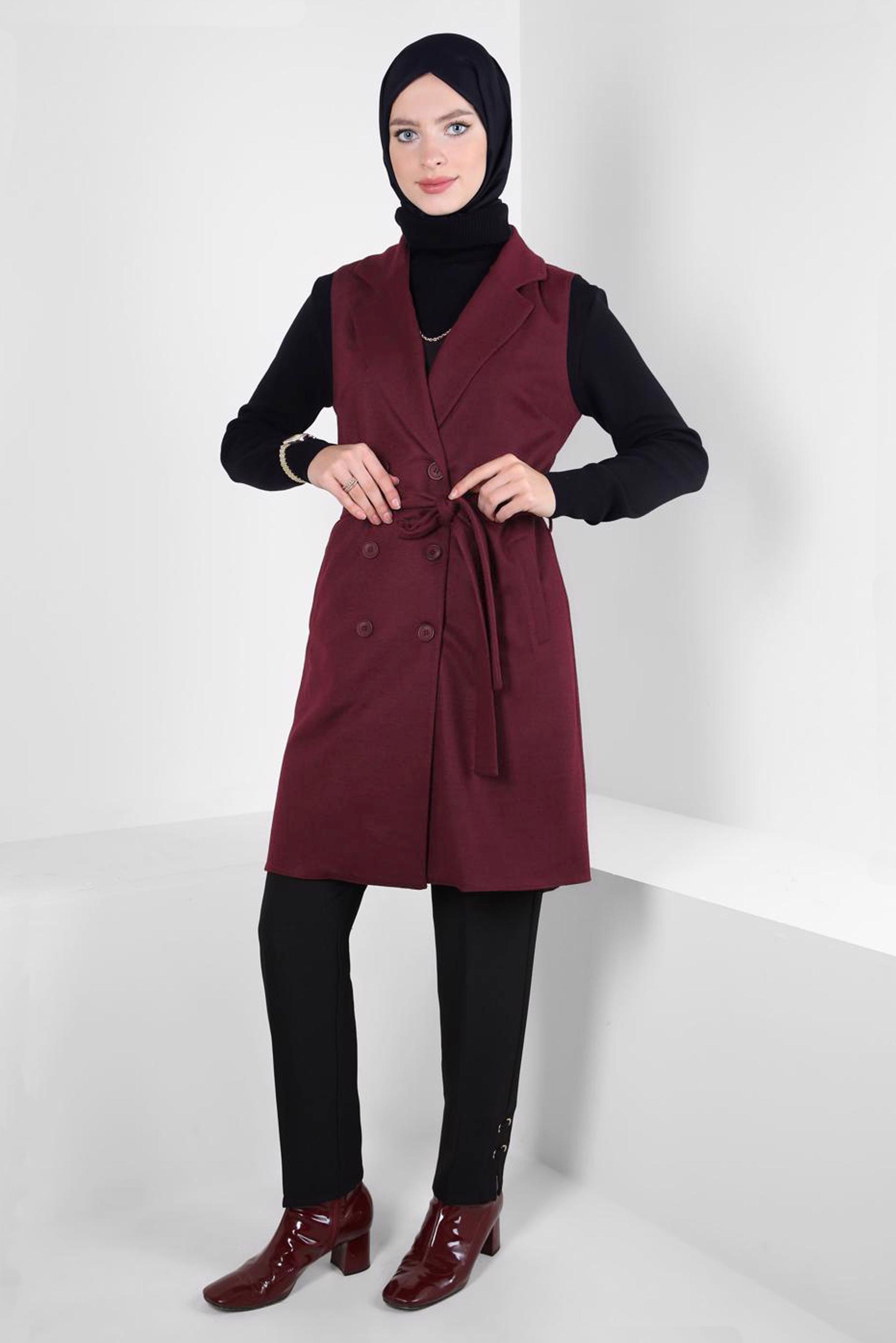 Tesettür giyim BORDO KUŞAKLI YELEK 44255