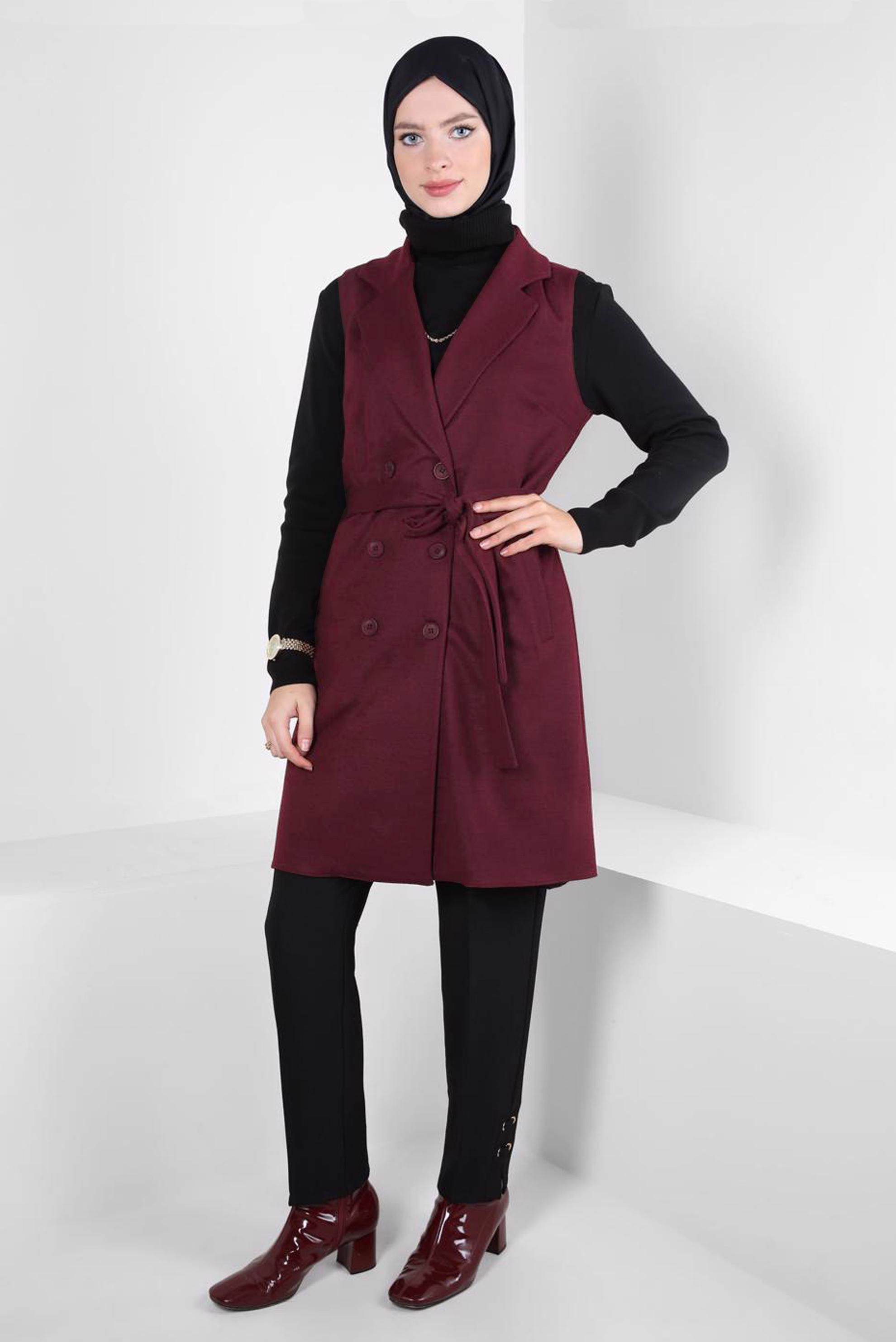 Tesettür giyim BORDO KUŞAKLI YELEK 44255