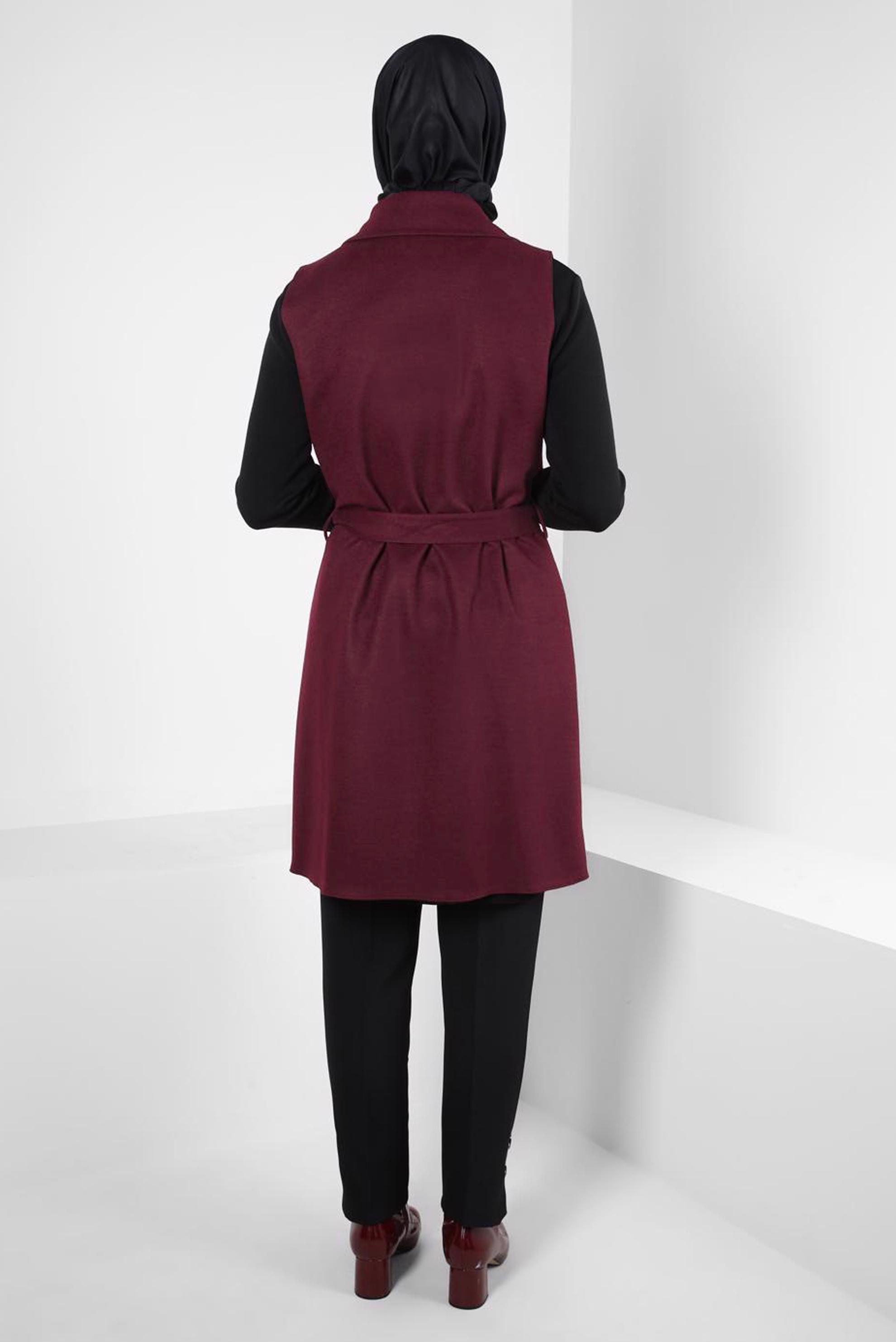 Tesettür giyim BORDO KUŞAKLI YELEK 44255