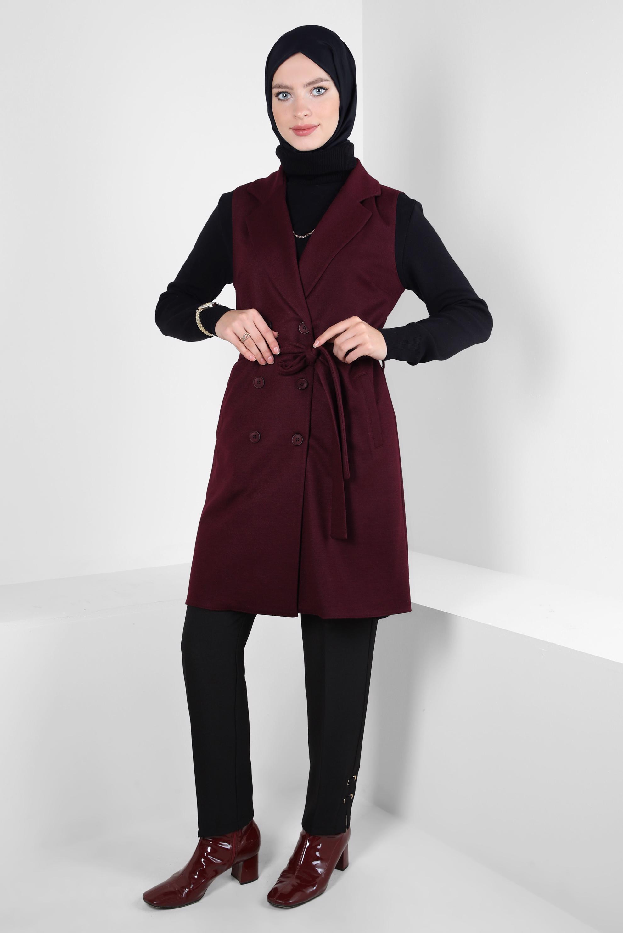 Tesettür giyim MÜRDÜM KUŞAKLI YELEK 44255