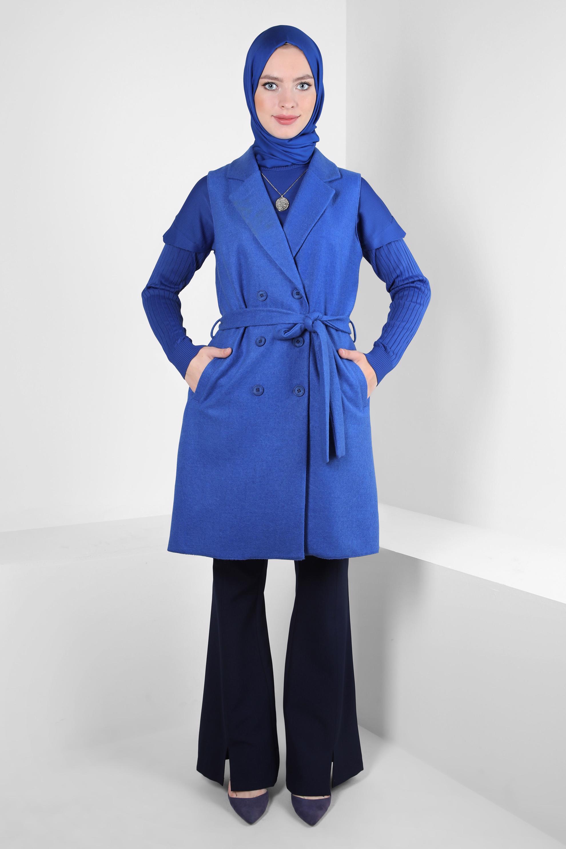 Tesettür giyim MAVİ KUŞAKLI YELEK 44255
