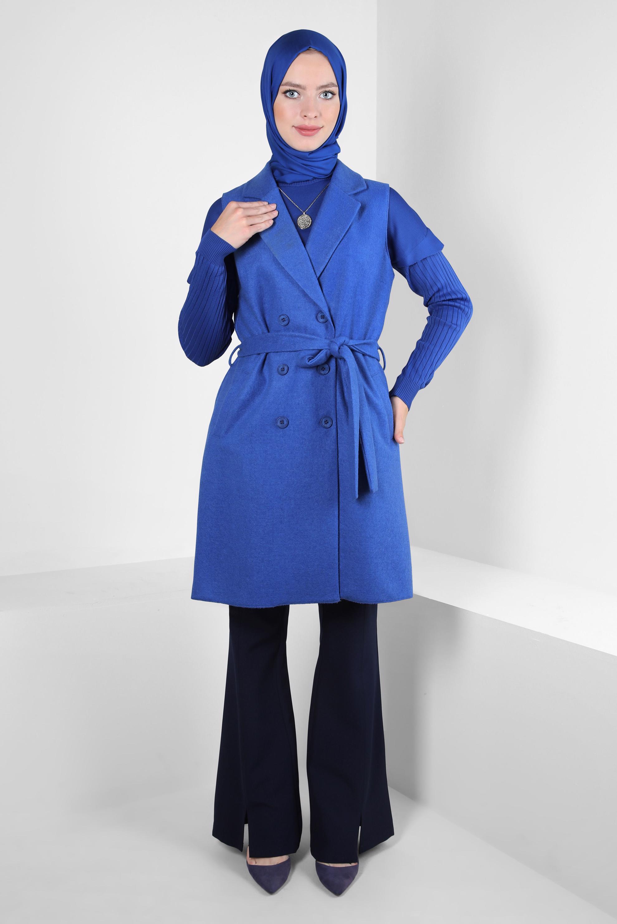 Tesettür giyim MAVİ KUŞAKLI YELEK 44255