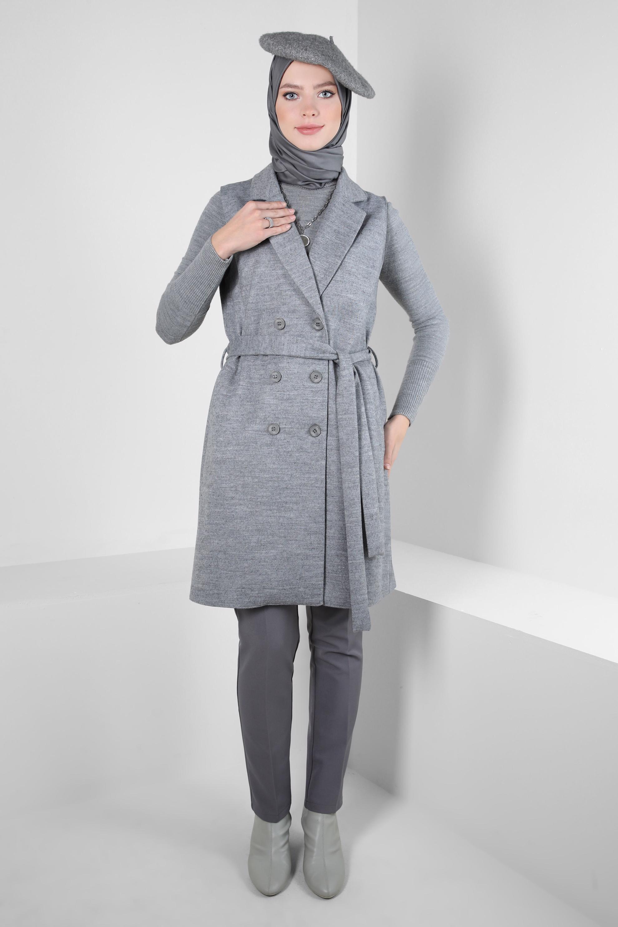 Tesettür giyim GRİ KUŞAKLI YELEK 44255