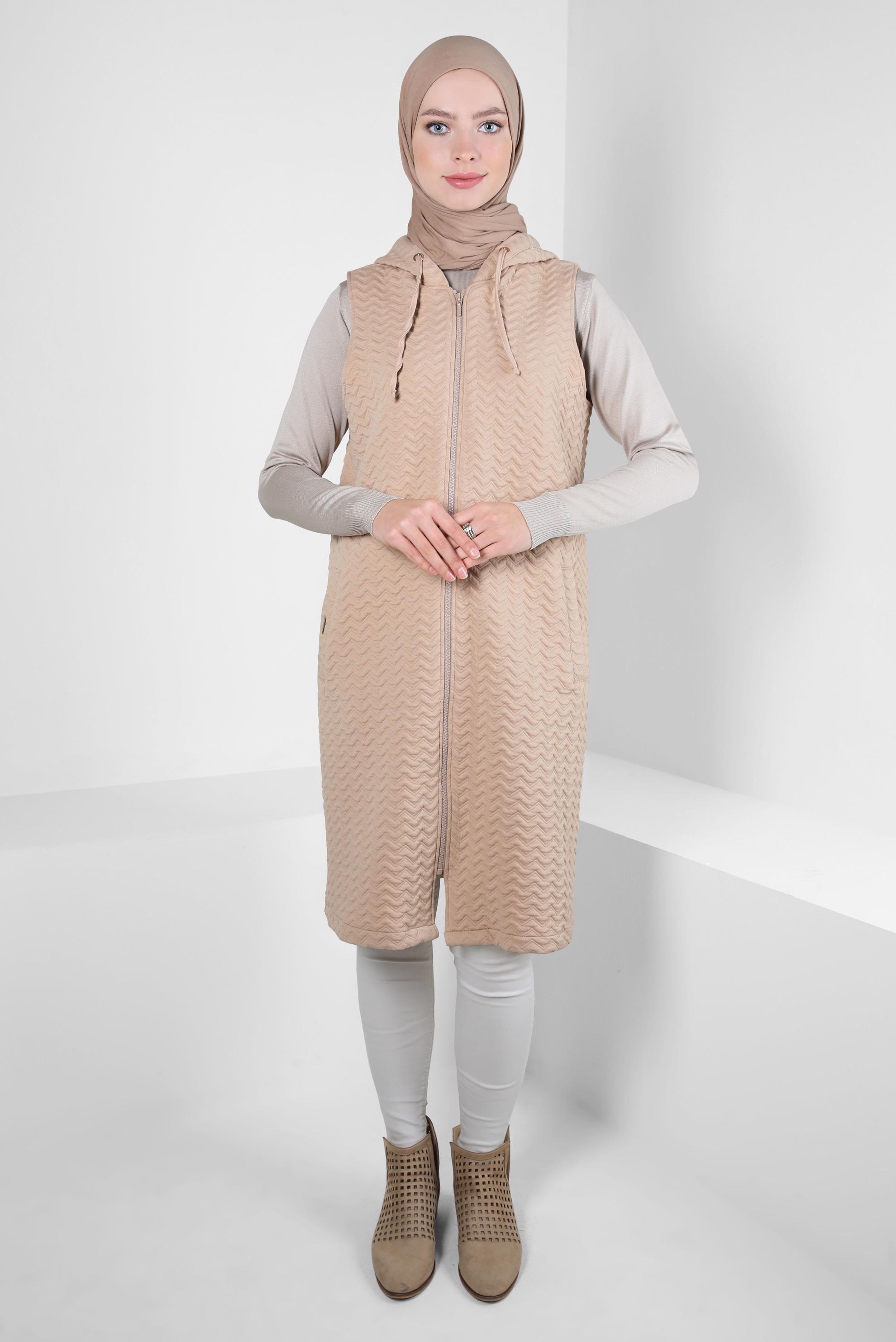 Tesettür giyim BEJ KAPİTONE YELEK 44294
