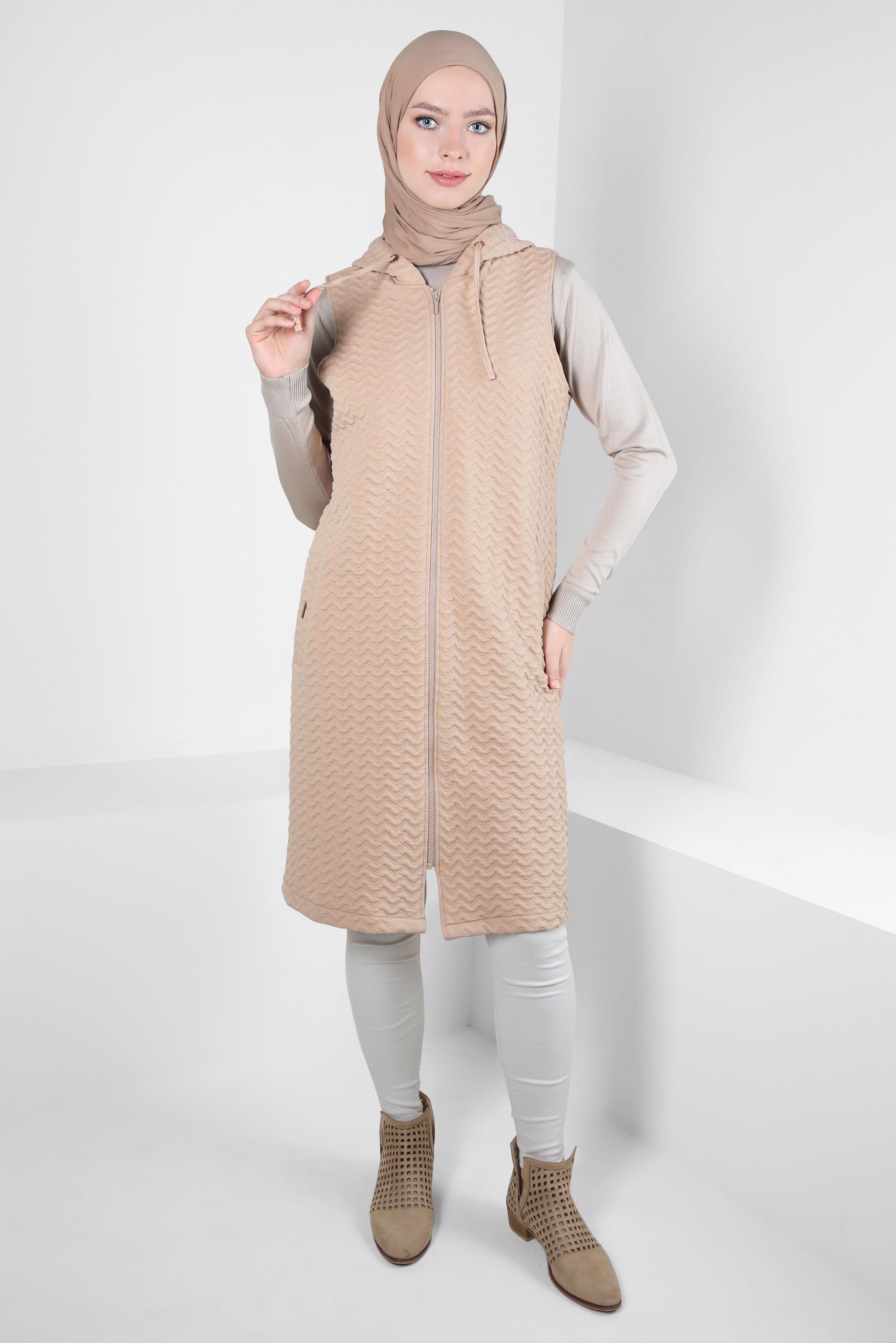 Tesettür giyim BEJ KAPİTONE YELEK 44294