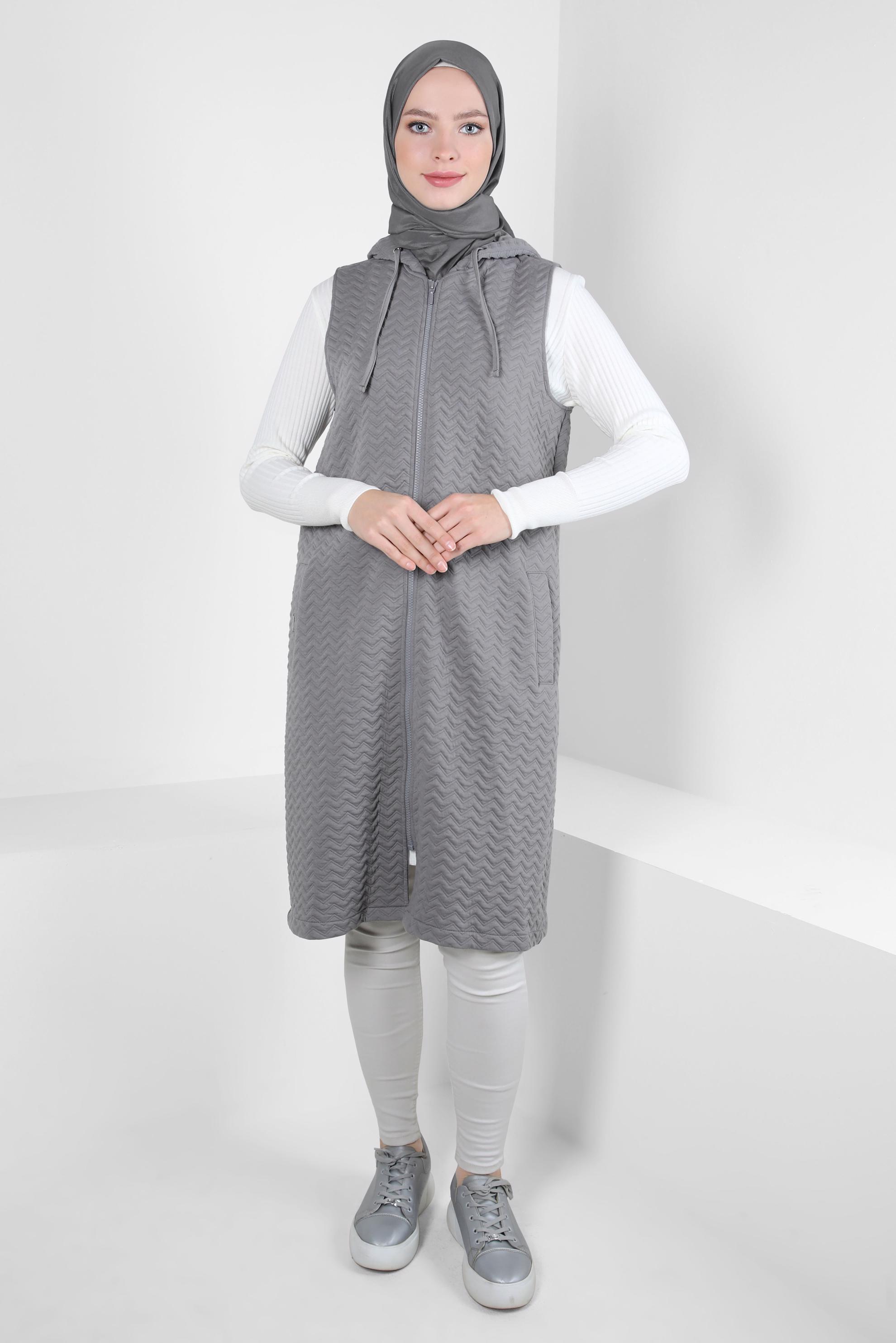 Tesettür giyim GRİ KAPİTONE YELEK 44294