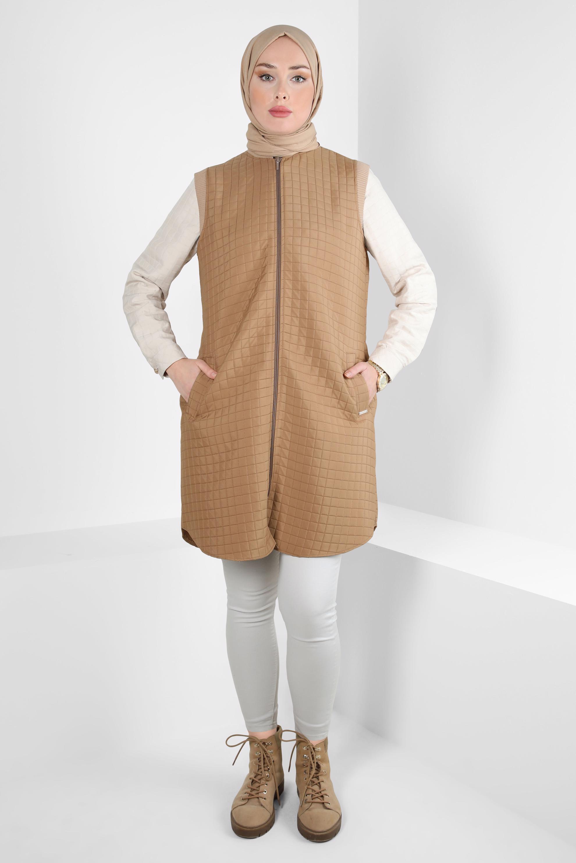 Tesettür giyim KAHVE KAPİTONE DESENLİ YELEK 44302