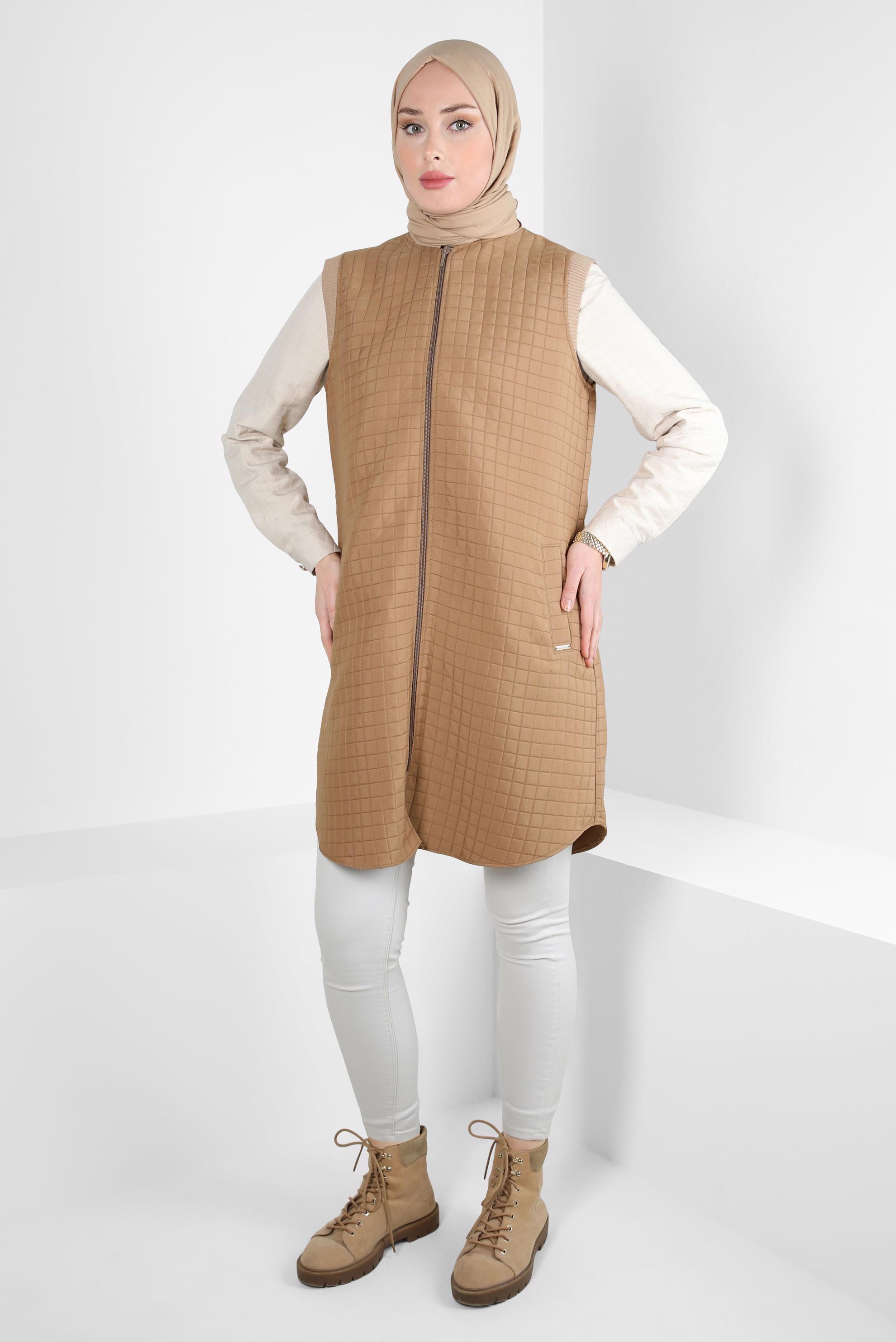 Tesettür giyim KAHVE KAPİTONE DESENLİ YELEK 44302