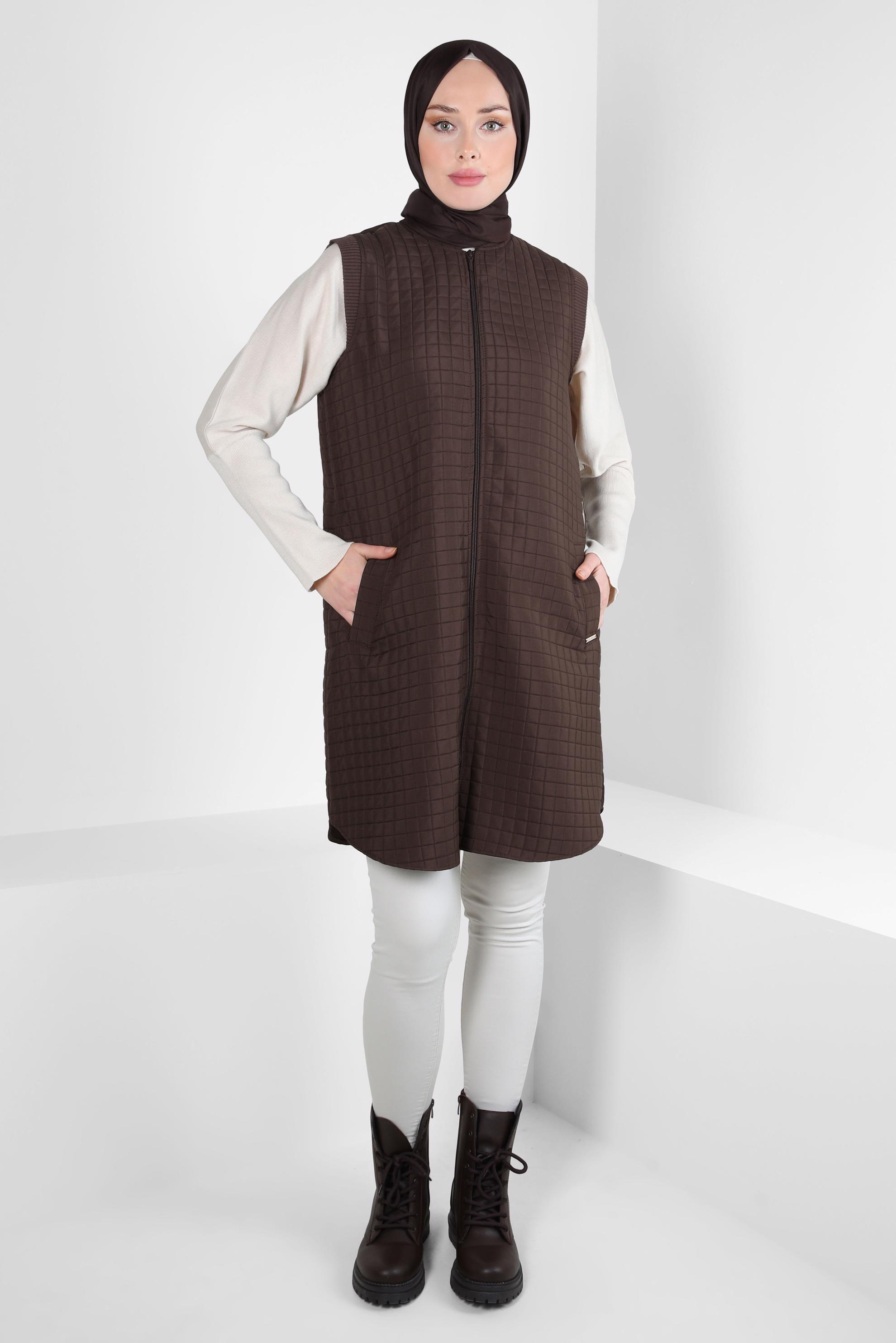 Tesettür giyim KAHVE KAPİTONE DESENLİ YELEK 44302