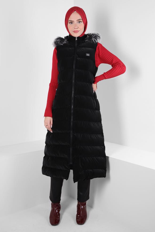 Hijab clothing BLACK HOODED PUFFER VEST 90418 - ALVİNA