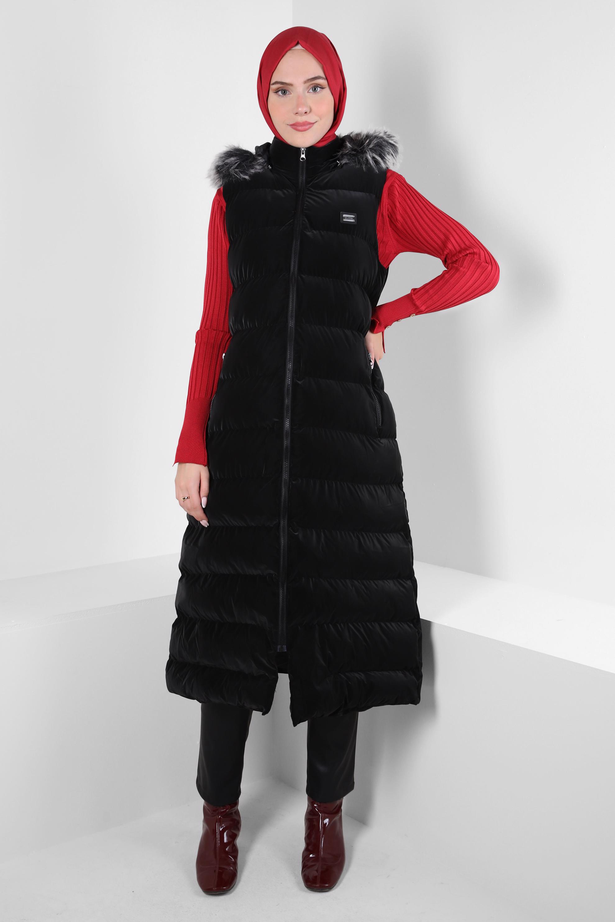 Tesettür giyim SİYAH KAPÜŞONLU ŞİŞME YELEK 90418