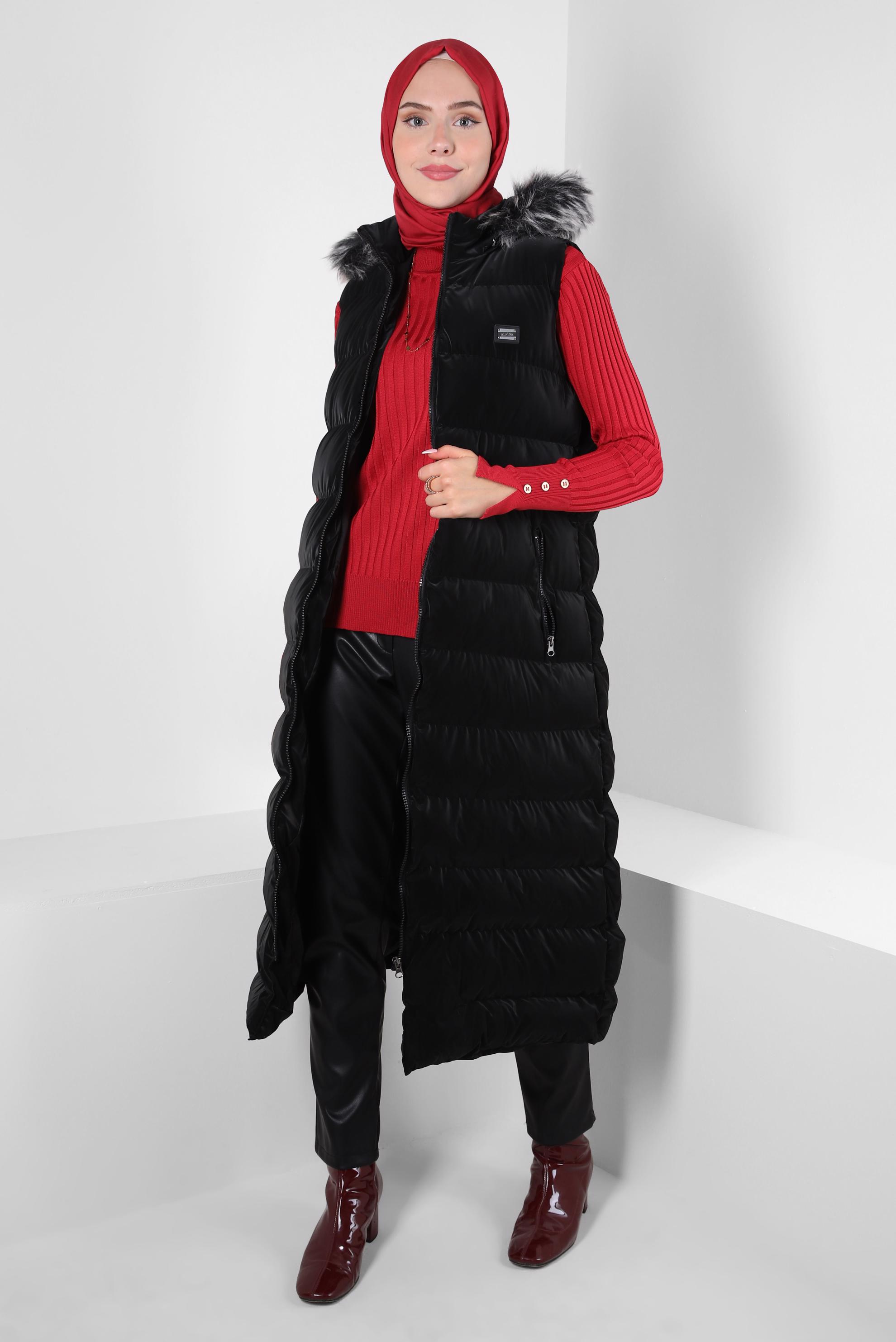 Tesettür giyim SİYAH KAPÜŞONLU ŞİŞME YELEK 90418