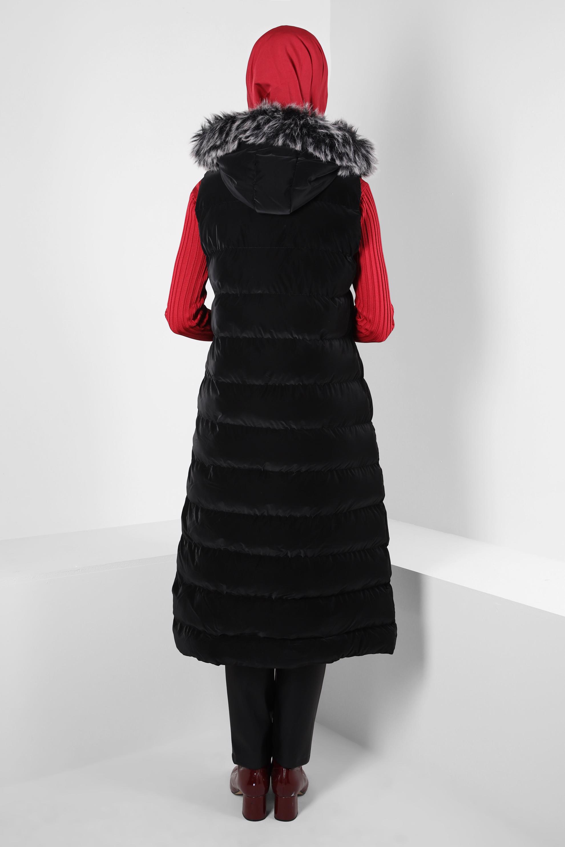 Tesettür giyim SİYAH KAPÜŞONLU ŞİŞME YELEK 90418