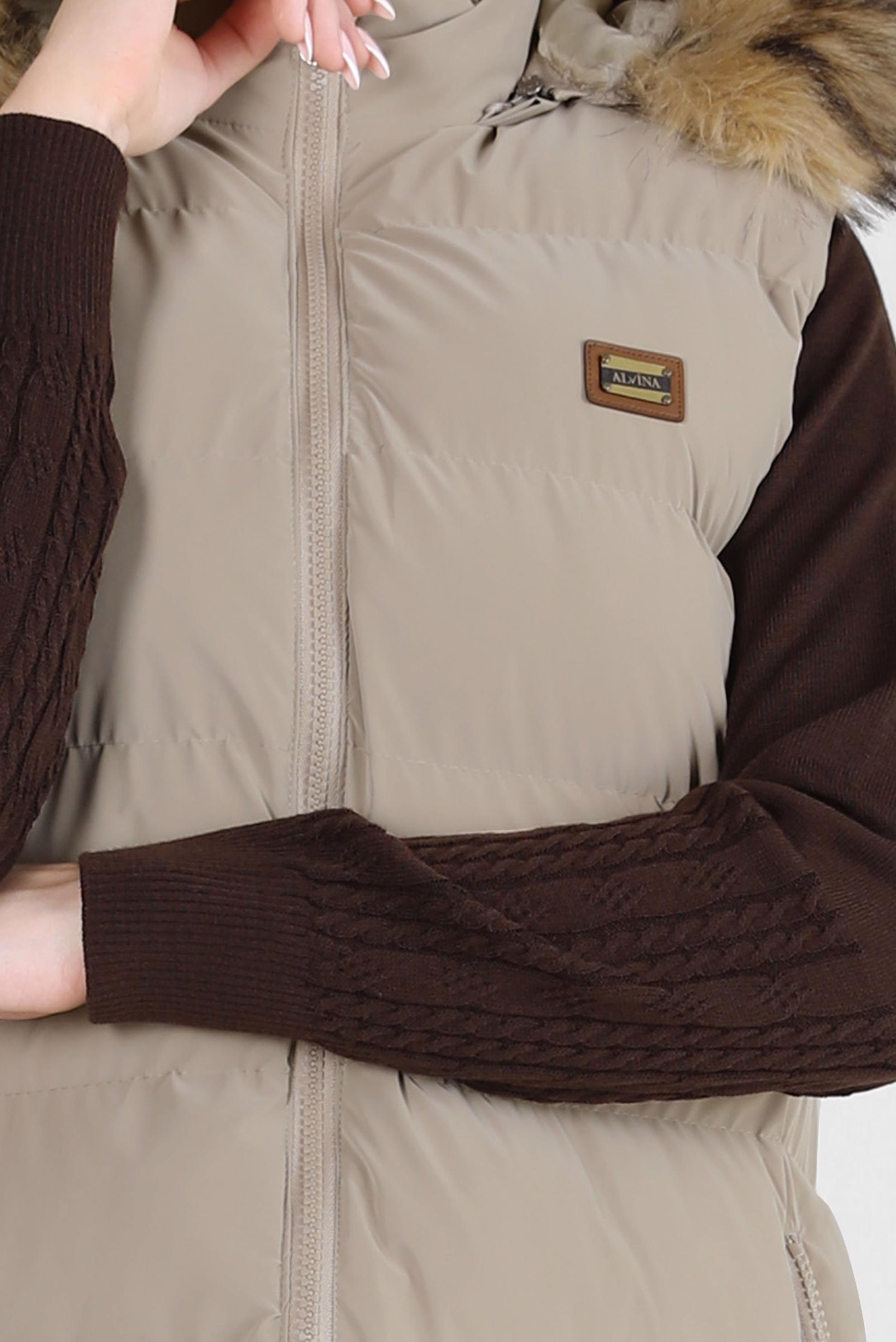 Tesettür giyim BEJ KAPÜŞONLU ŞİŞME YELEK 90418