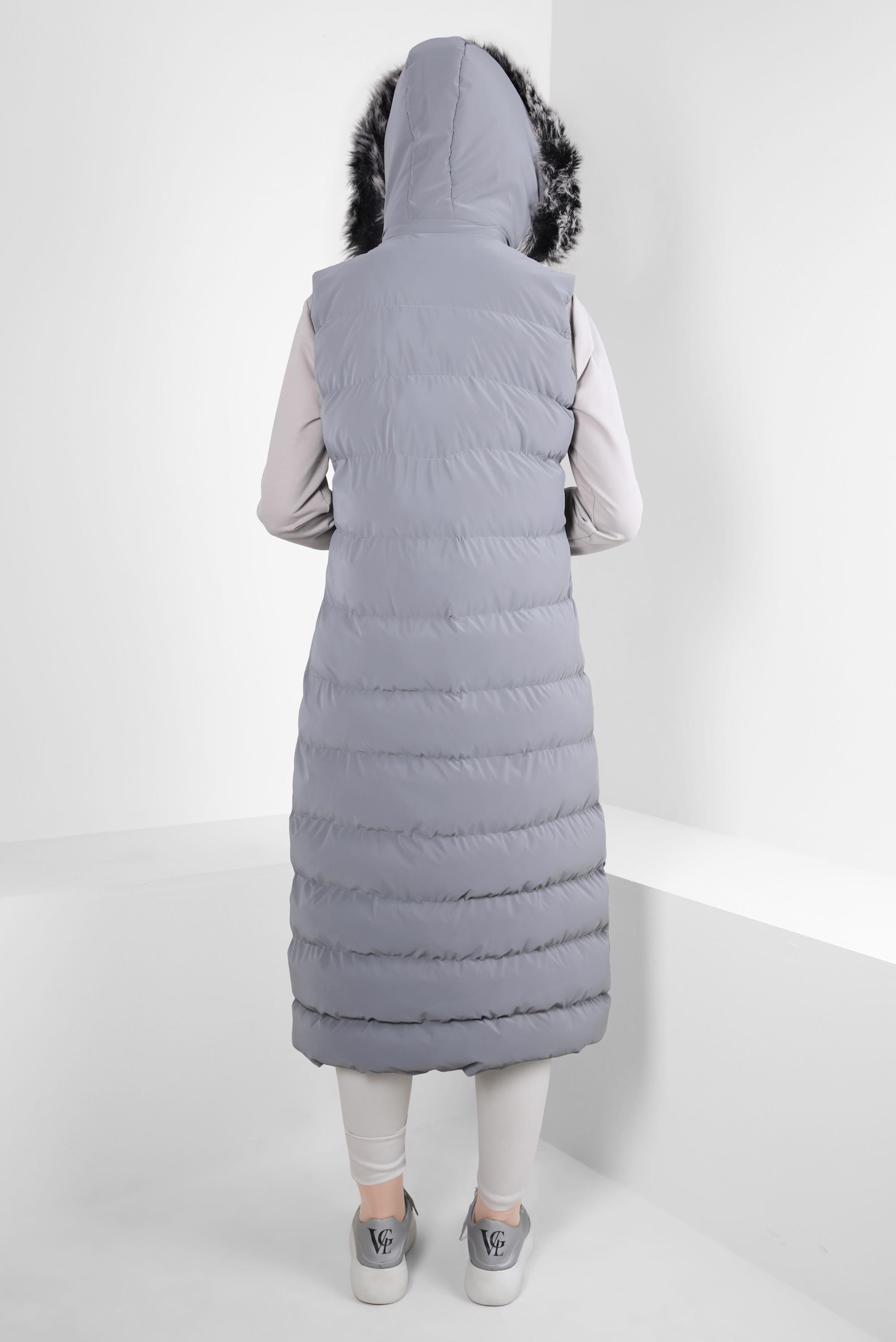 Tesettür giyim GRİ KAPÜŞONLU ŞİŞME YELEK 90418