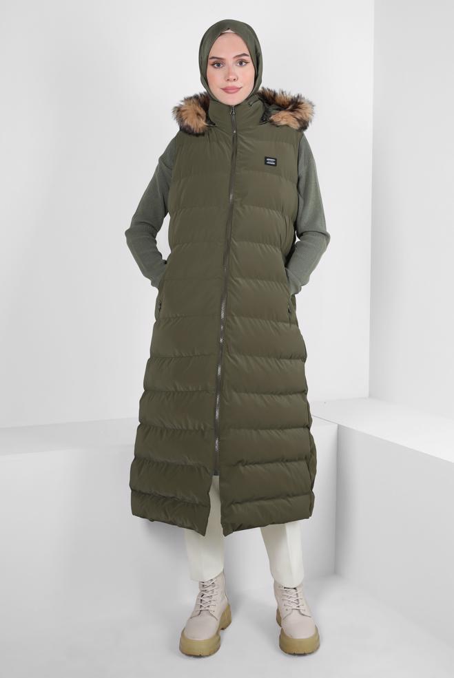 Hijab clothing KHAKI HOODED PUFFER VEST 90418 - ALVİNA