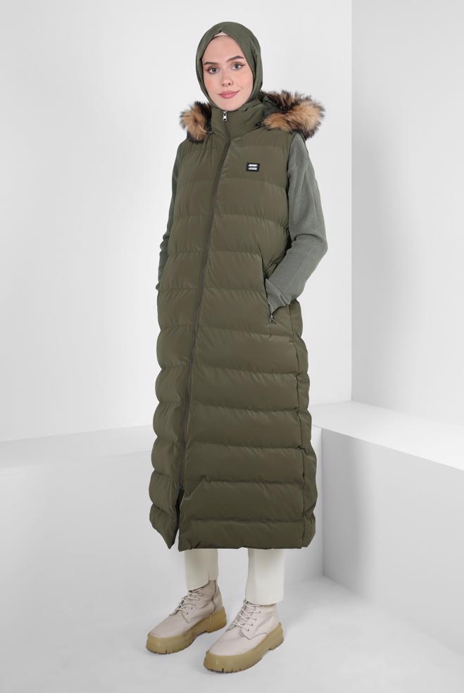 Hijab clothing KHAKI HOODED PUFFER VEST 90418 - ALVİNA