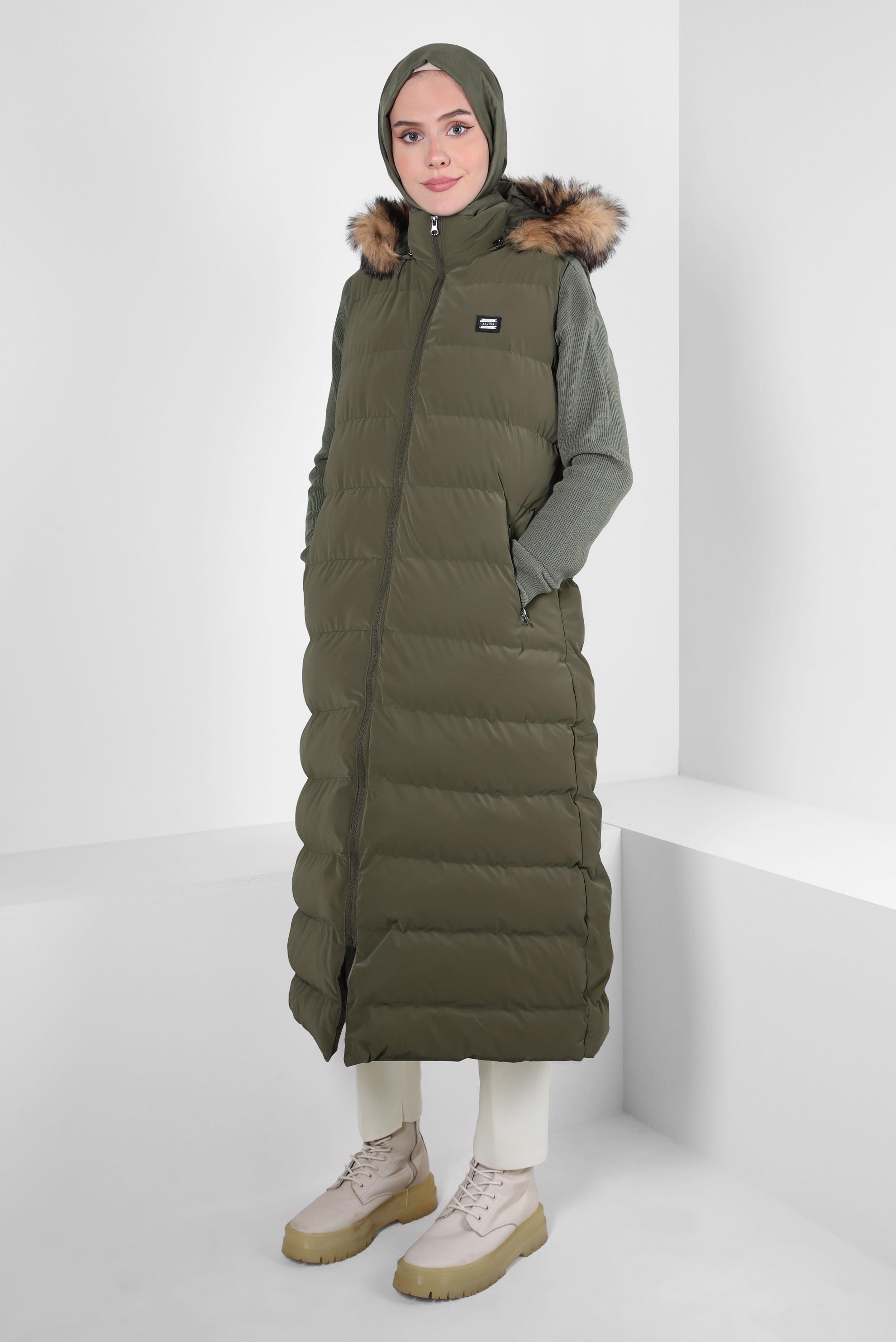 Tesettür giyim HAKİ KAPÜŞONLU ŞİŞME YELEK 90418