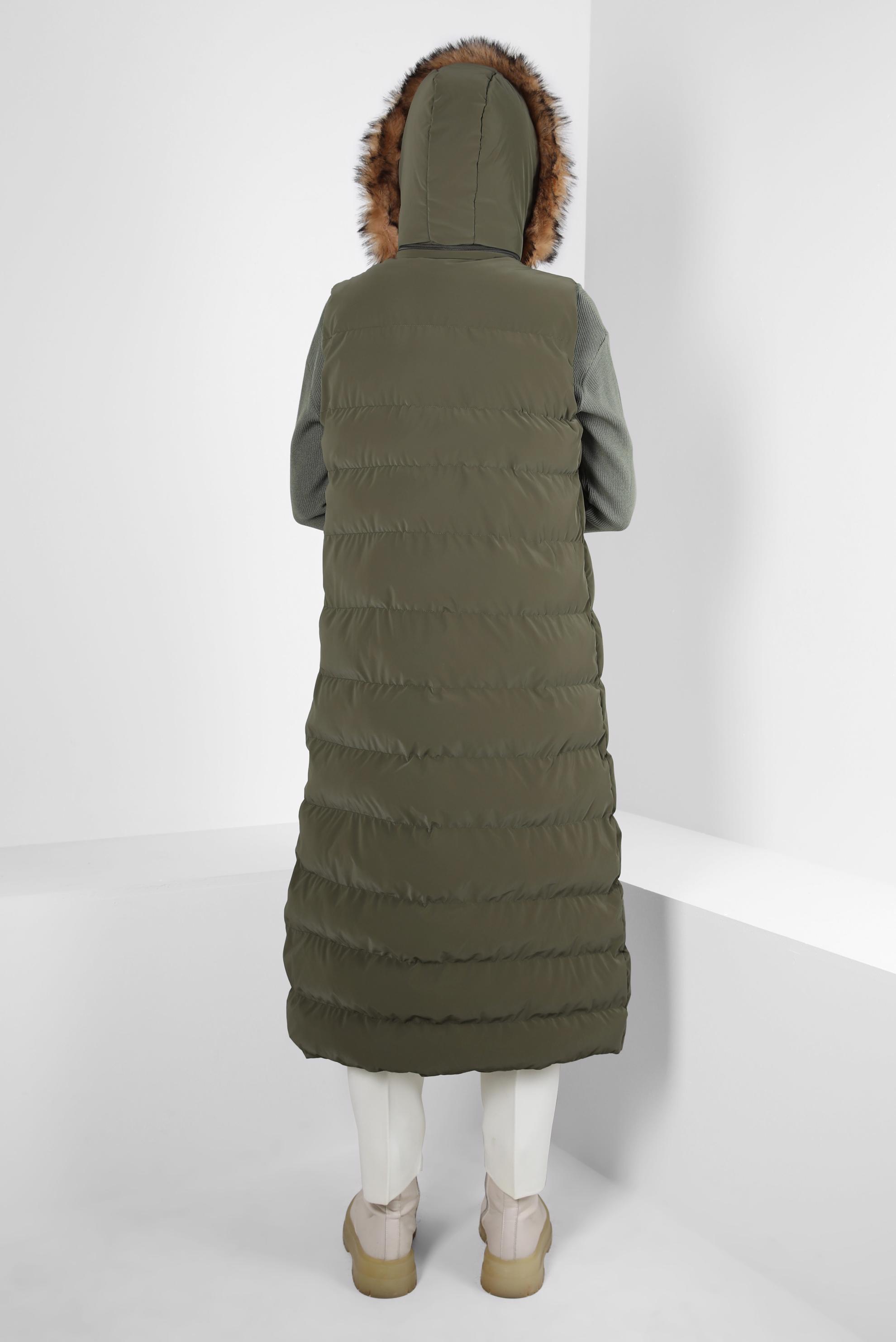 Tesettür giyim HAKİ KAPÜŞONLU ŞİŞME YELEK 90418