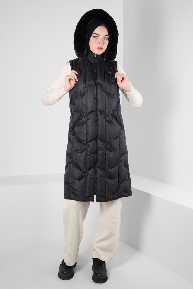 Hijab clothing BLACK HOODED PUFFER VEST 90419 - ALVİNA