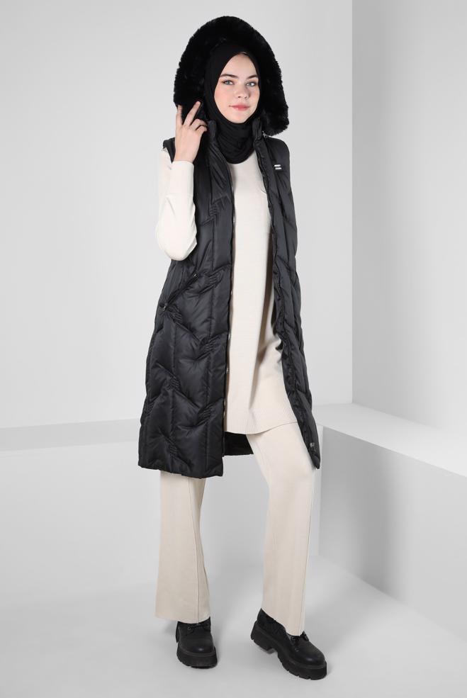 Hijab clothing BLACK HOODED PUFFER VEST 90419 - ALVİNA