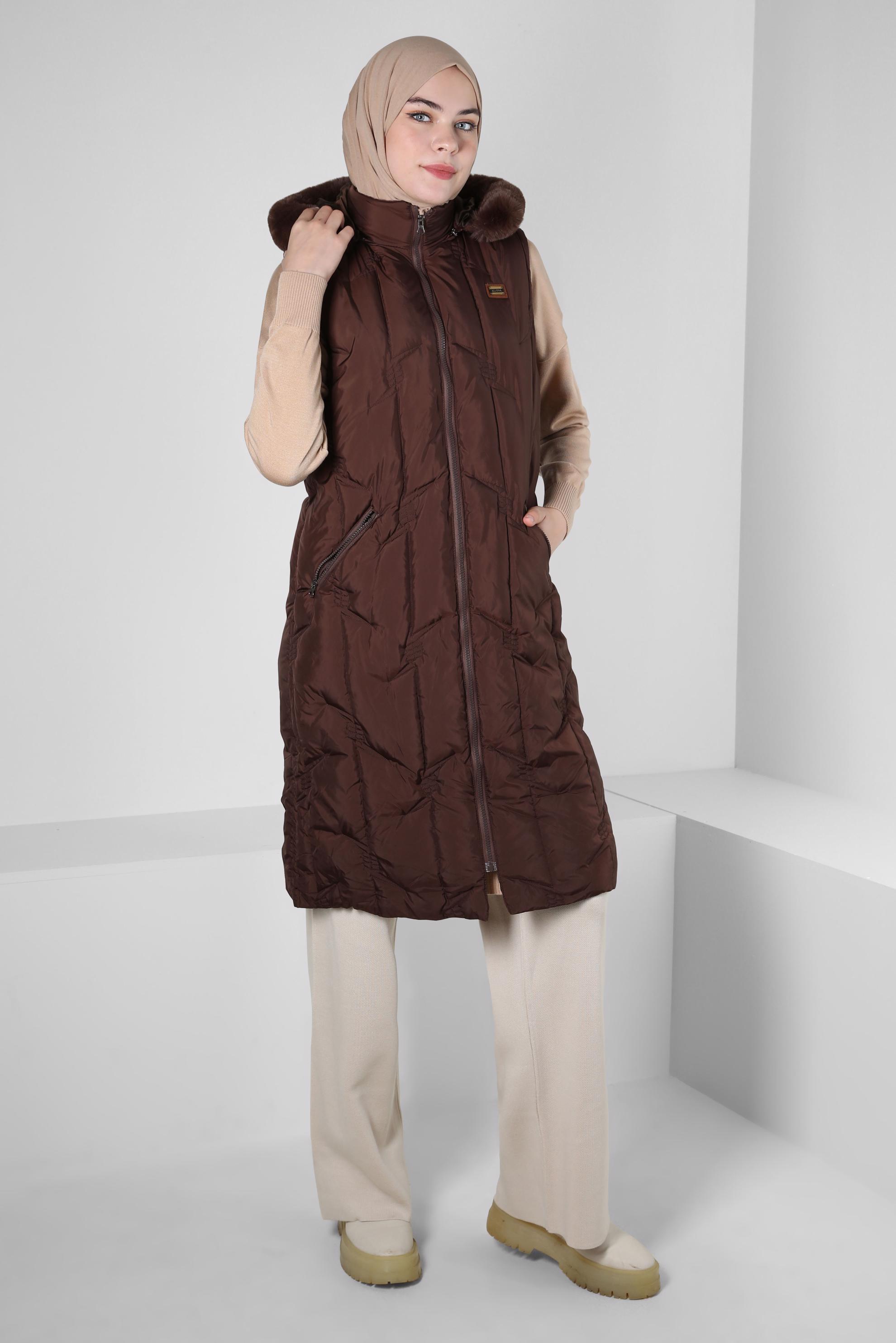 Tesettür giyim KAHVE KAPÜŞONLU ŞİŞME YELEK 90419