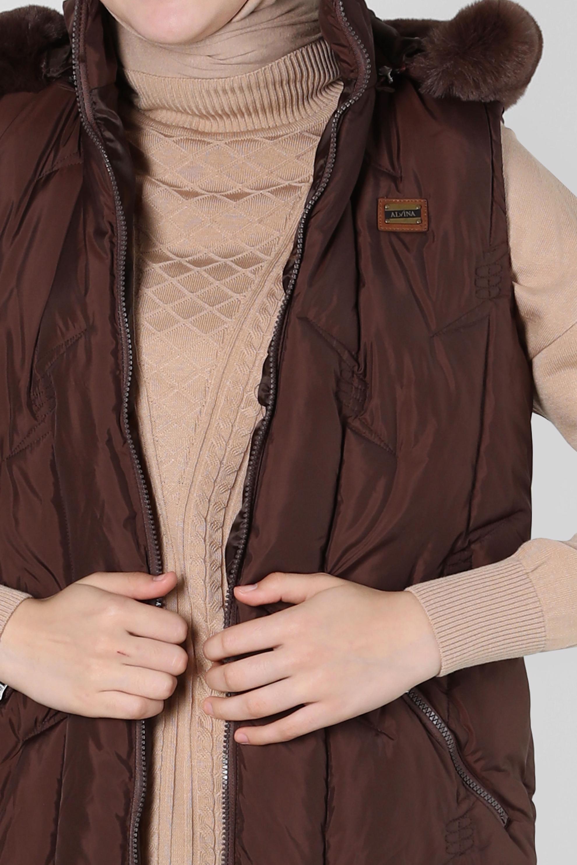 Tesettür giyim KAHVE KAPÜŞONLU ŞİŞME YELEK 90419