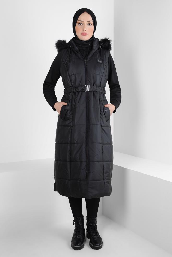 Vêtements hijab NOIR GILET DOUX CEINTURE 90440 - ALVİNA