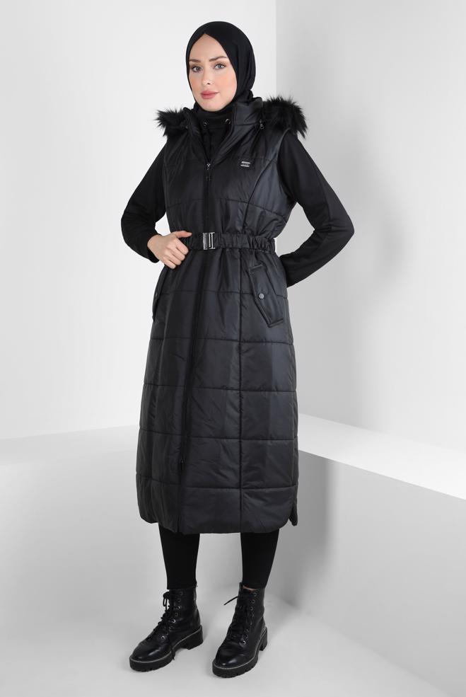 Vêtements hijab NOIR GILET DOUX CEINTURE 90440 - ALVİNA