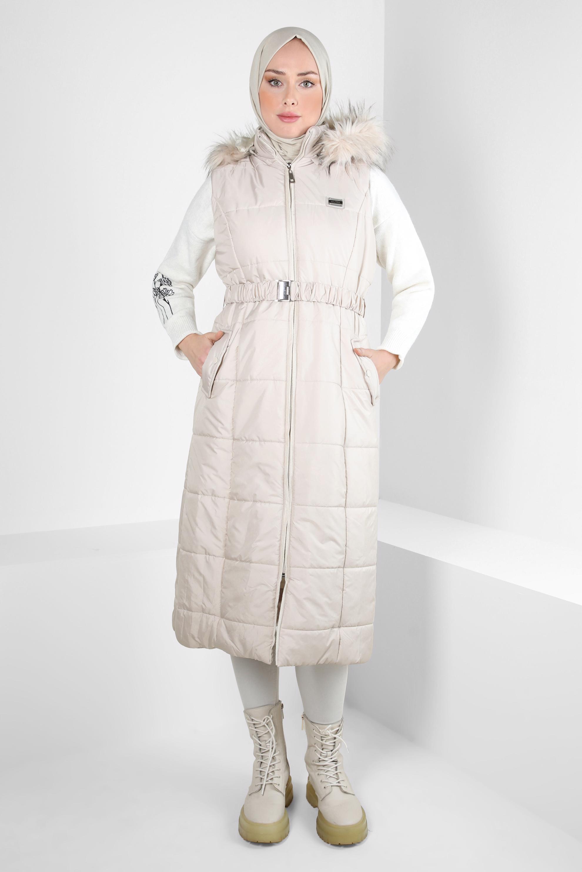 Tesettür giyim BEJ KEMERLİ ŞİŞME YELEK 90440