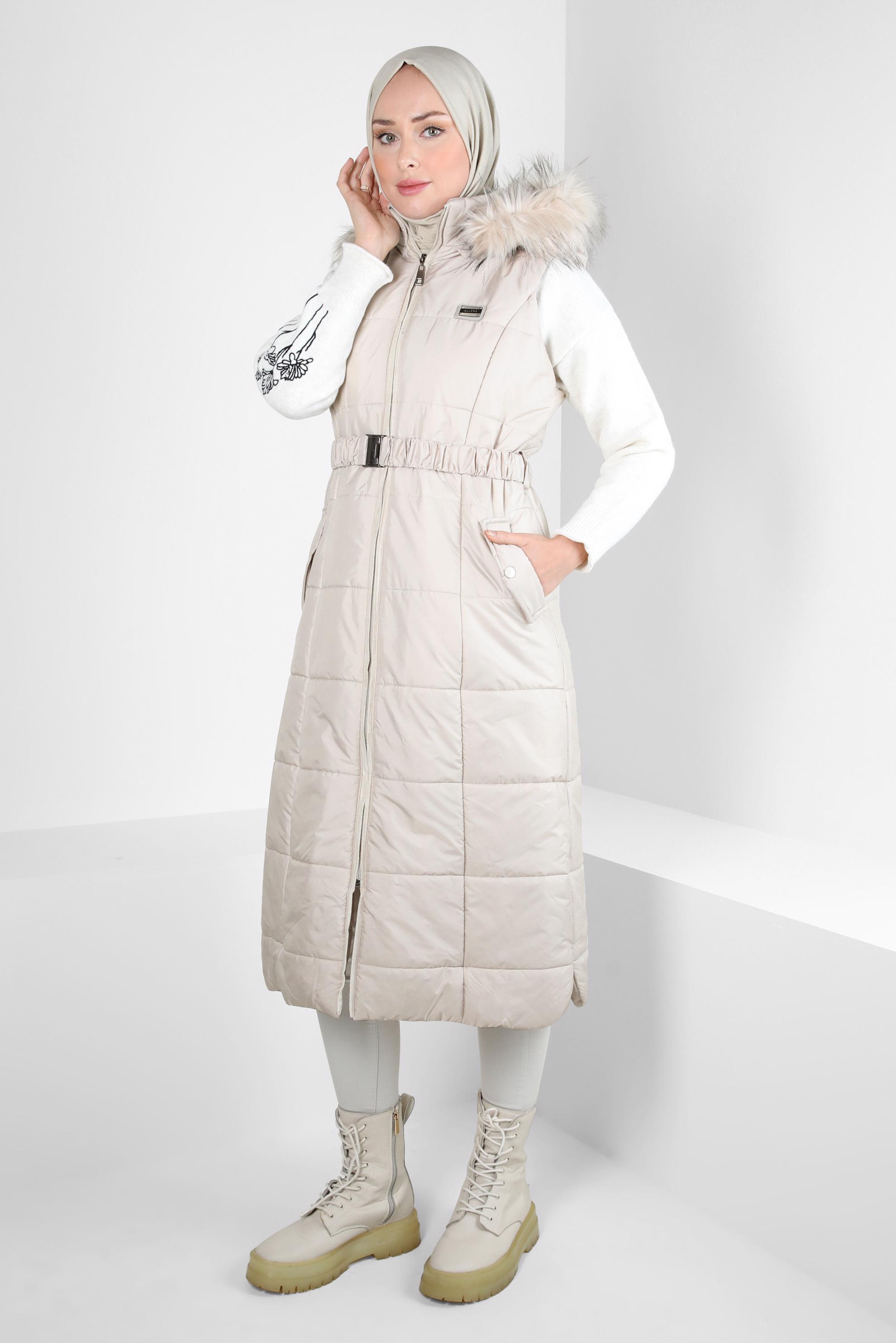 Tesettür giyim BEJ KEMERLİ ŞİŞME YELEK 90440