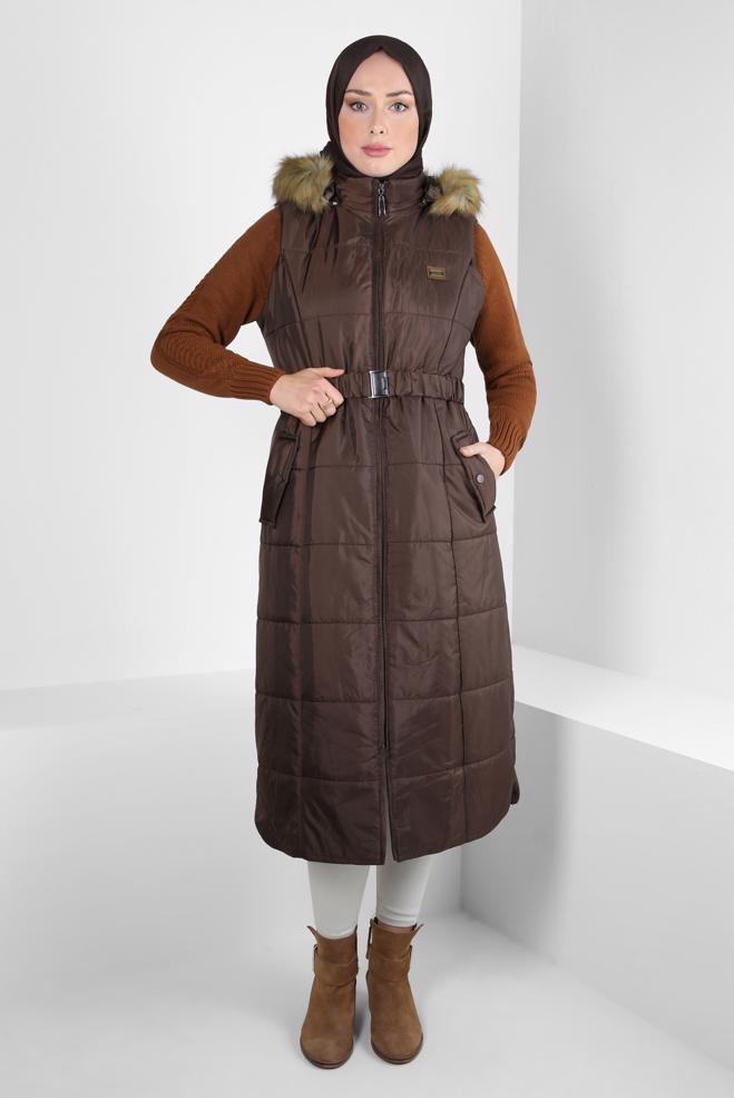 Hijab clothing BROWN BELTED PUFFER VEST 90440 - ALVİNA
